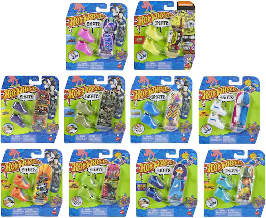 Sure, here is the corrected and grouped text from the image:
**Top Row:**
1. **Hot Wheels Skate**
- **Skate**
- **Punk**
- **5+**
- **Warning: Choking Hazard - Small parts. Not for children under 3 years.**
- **Attention: Pequeños peligros de asfixia - Piezas pequeñas. No apto para menores de 3 años.**
2. **Hot Wheels Skate**
- **Skate**
- **Nico**
- **5+**
- **Warning: Choking Hazard - Small parts. Not for children under 3 years.**
- **Attention: Pequeños peligros de asfixia - Piezas pequeñas. No apto para menores de 3 años.**
3. **Hot Wheels Skate**
- **Skate**
- **Krank**
- **5+**
- **Warning: Choking Hazard - Small parts. Not for children under 3 years.**
- **Attention: Pequeños peligros de asfixia - Piezas pequeñas. No apto para menores de 3 años.**
**