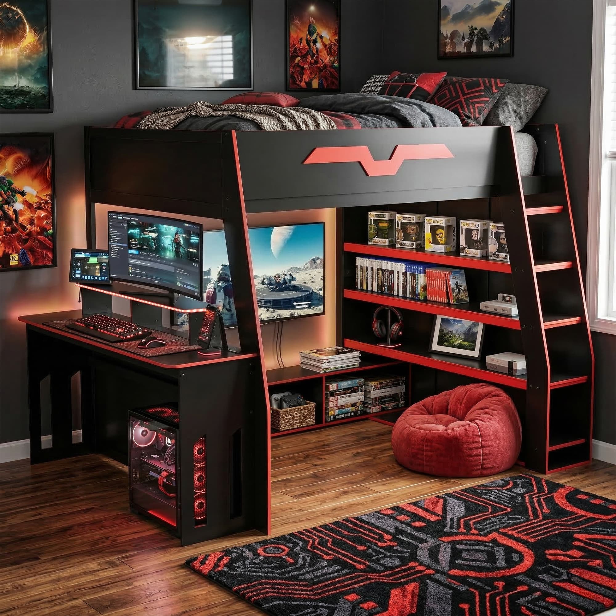 Anysun - Full Size Wood Loft Bed with Desk, Multi-storage Shelves and RGB Light, Table with adjustable placement - Red