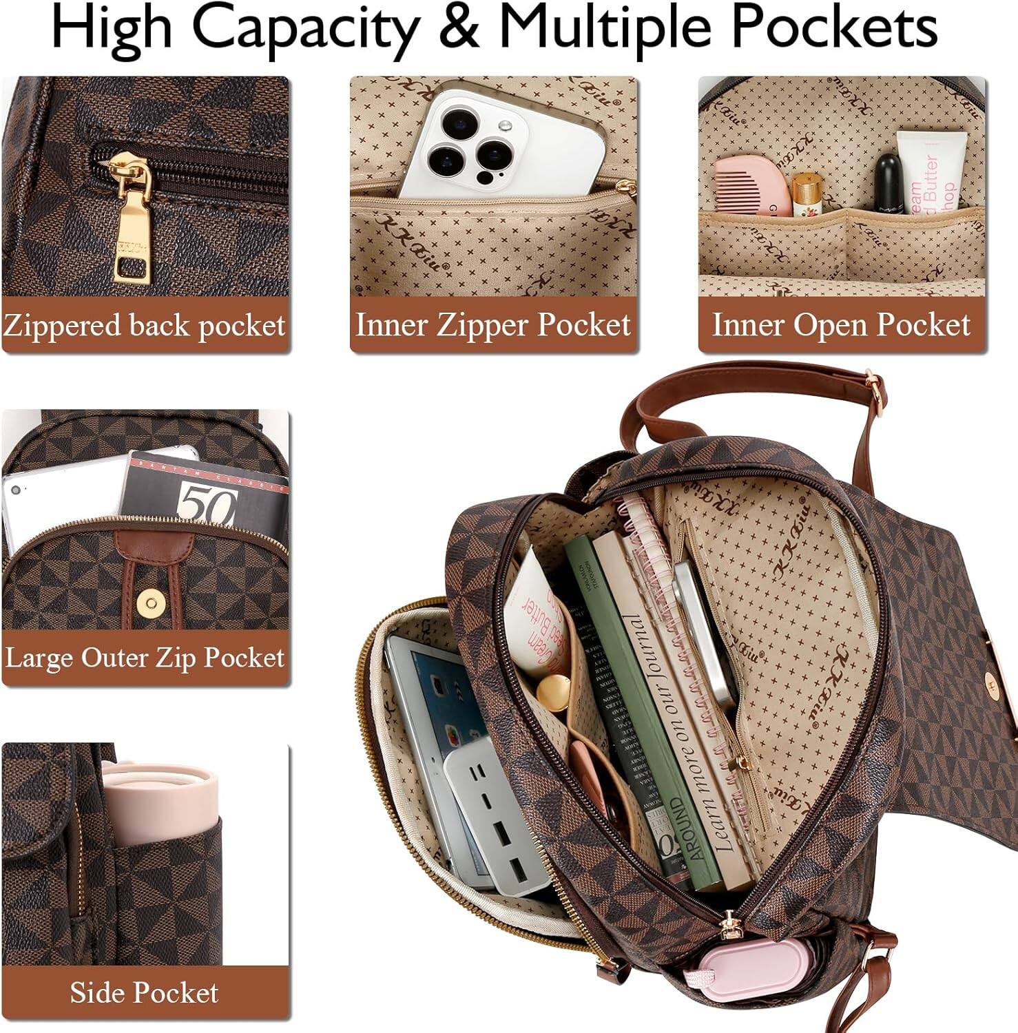 High Capacity & Multiple Pockets

- Zippered back pocket
- Inner Zipper Pocket
- Inner Open Pocket
- Large Outer Zip Pocket
- Side Pocket