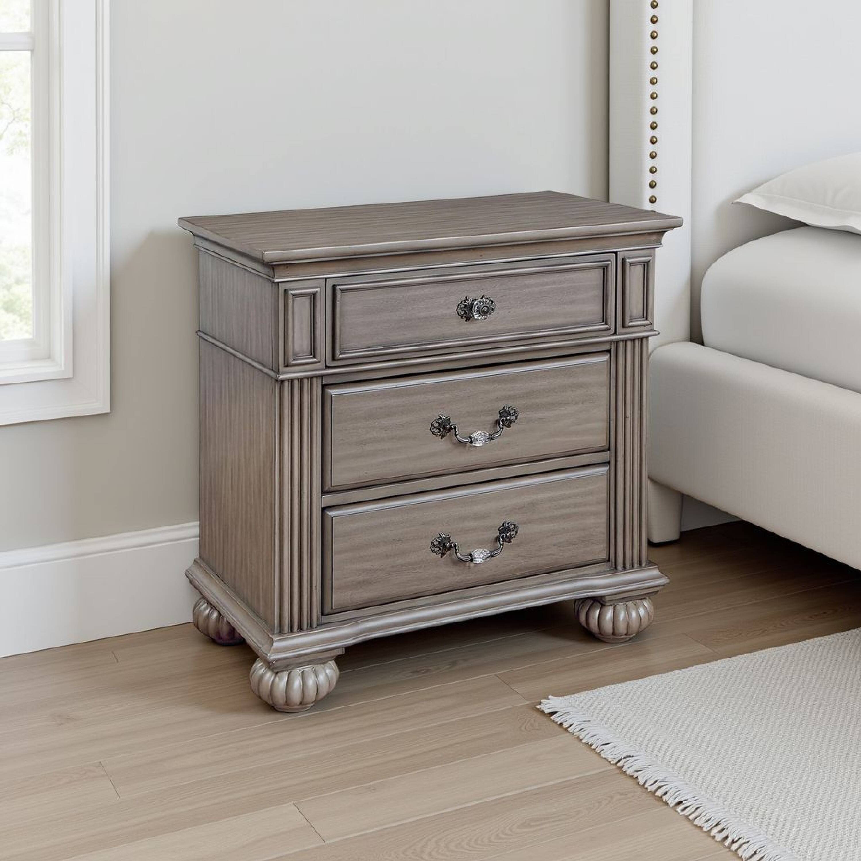 Alt View 5. Manhattan Lane - Recus Classic Nightstand with 3 Drawers, Acrylic Accents,Solid Wood - Gray, Brass, Clear.