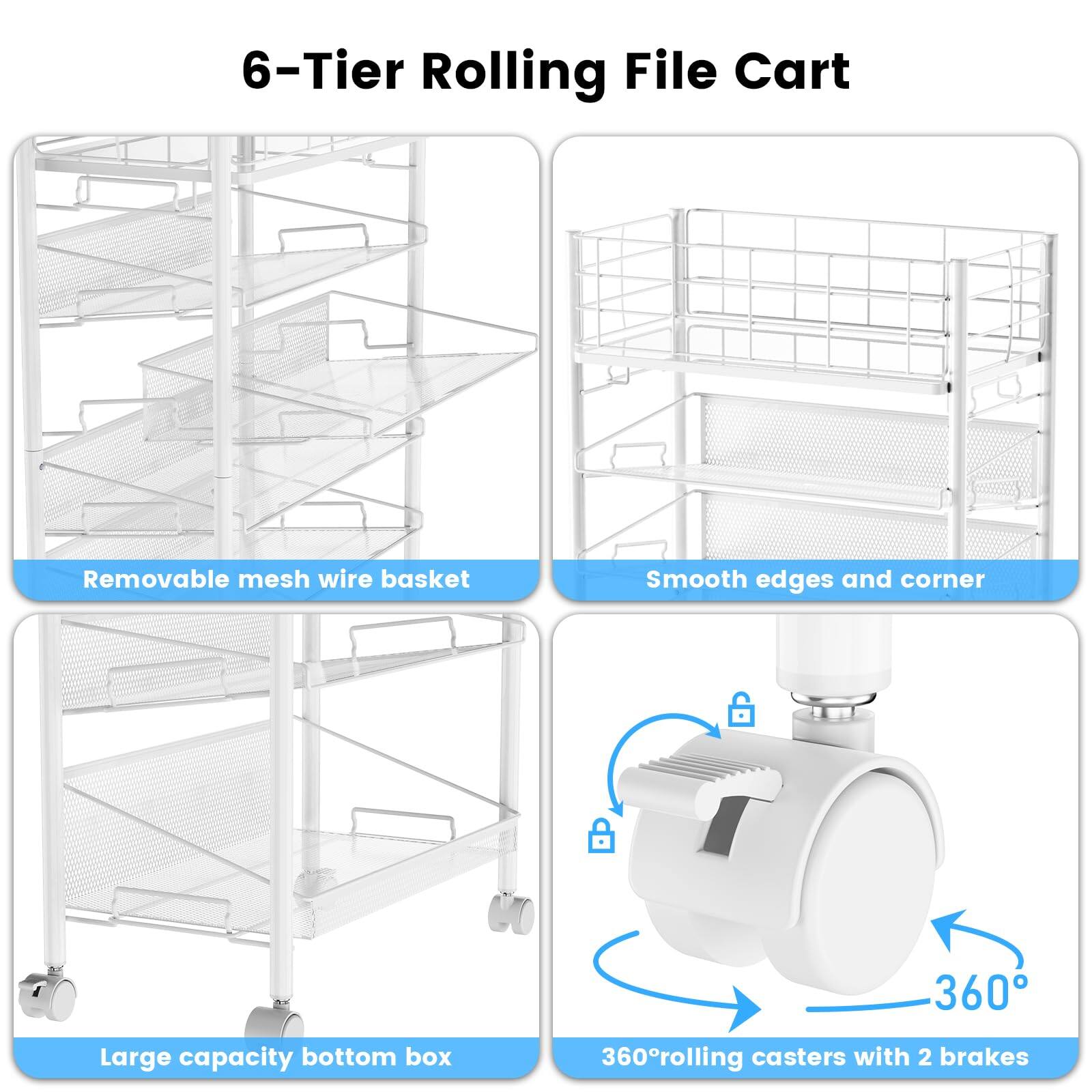 6-Tier Rolling File Cart

- Removable mesh wire basket
- Smooth edges and corner
- Large capacity bottom box
- 360° rolling casters with 2 brakes