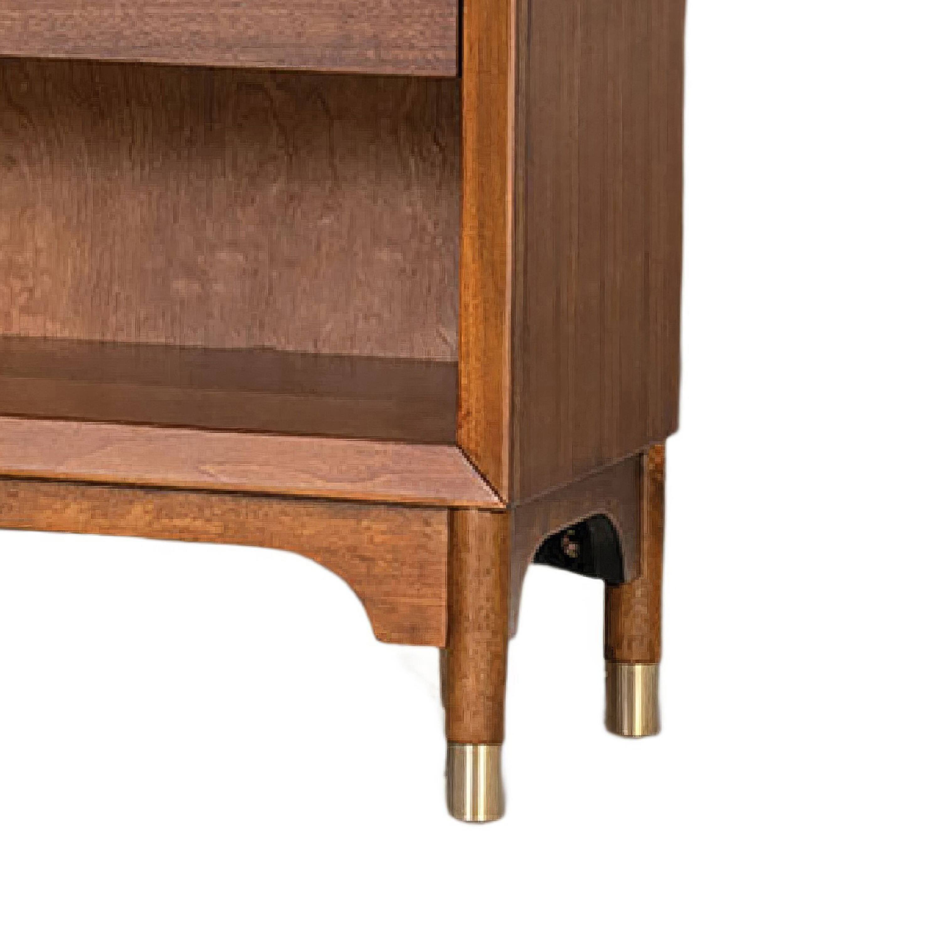 Left. Manhattan Lane - Urne Nightstand, 1 Drawer with Shelf, USB Port and LED - Walnut Brown, Gold.