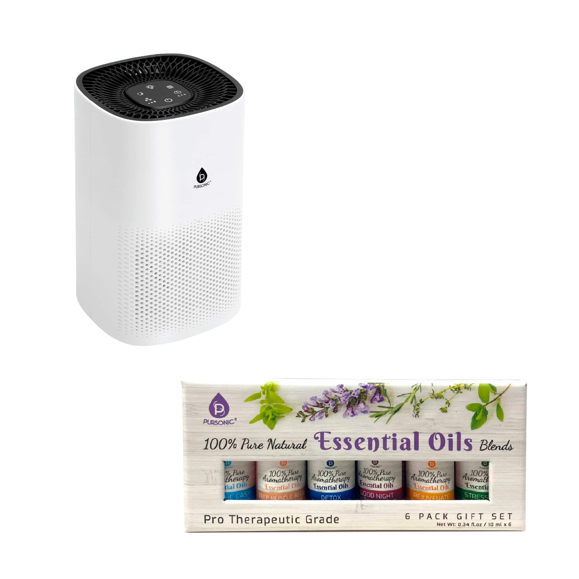 Pursonic - Home Wellness Bundle with True HEPA Air Purifier and 6-Pack 100% Pure Essential Oil Blends