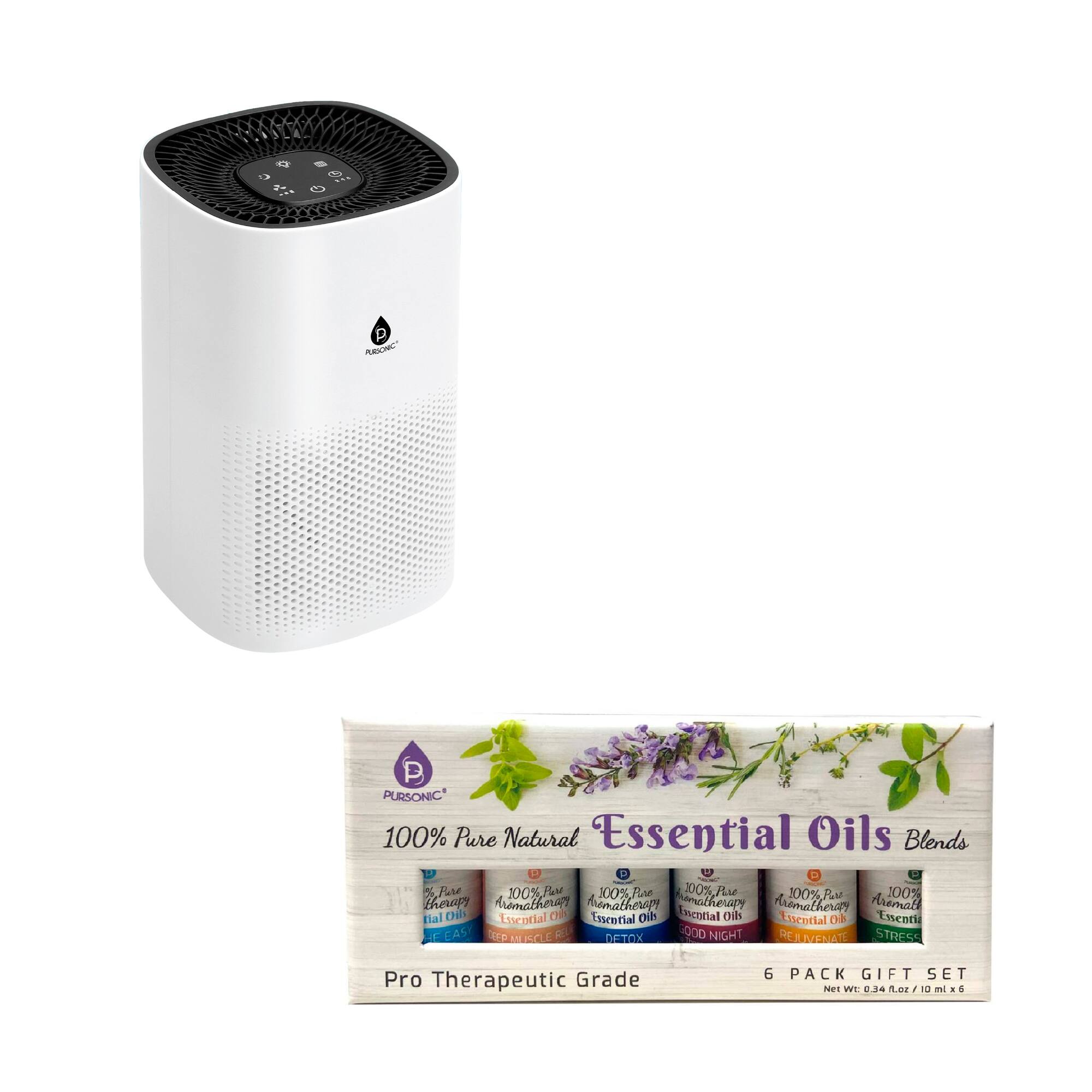 Pursonic - Home Wellness Bundle with True HEPA Air Purifier and 6-Pack 100% Pure Essential Oil Blends