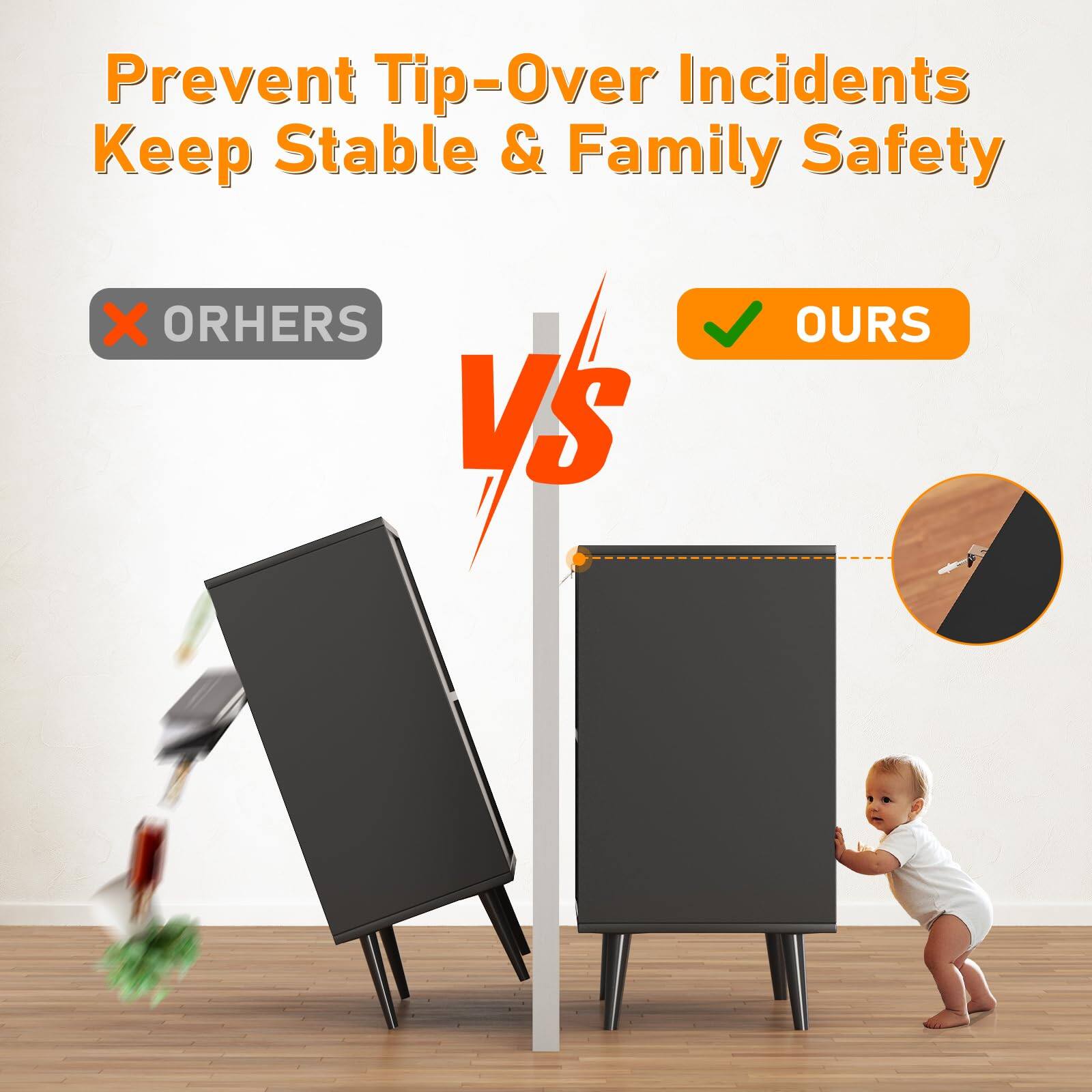 Prevent Tip-Over Incidents  
Keep Stable & Family Safety

ORHERS vs OURS

X ORHERS  
✓ OURS