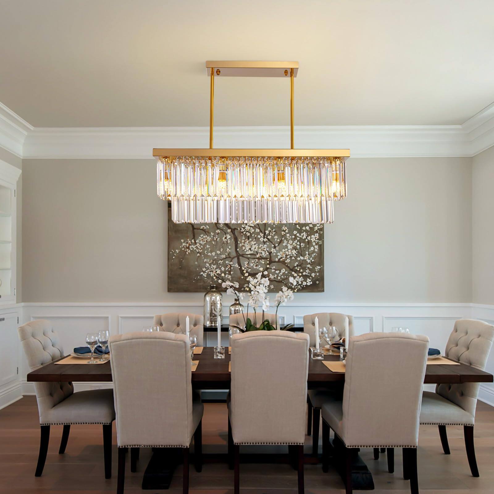 Alt View 4. Siljoy - 8-Light Crystal Raindrop Chandelier, Gold 2-Tier for Dining/Living Room - Gold.