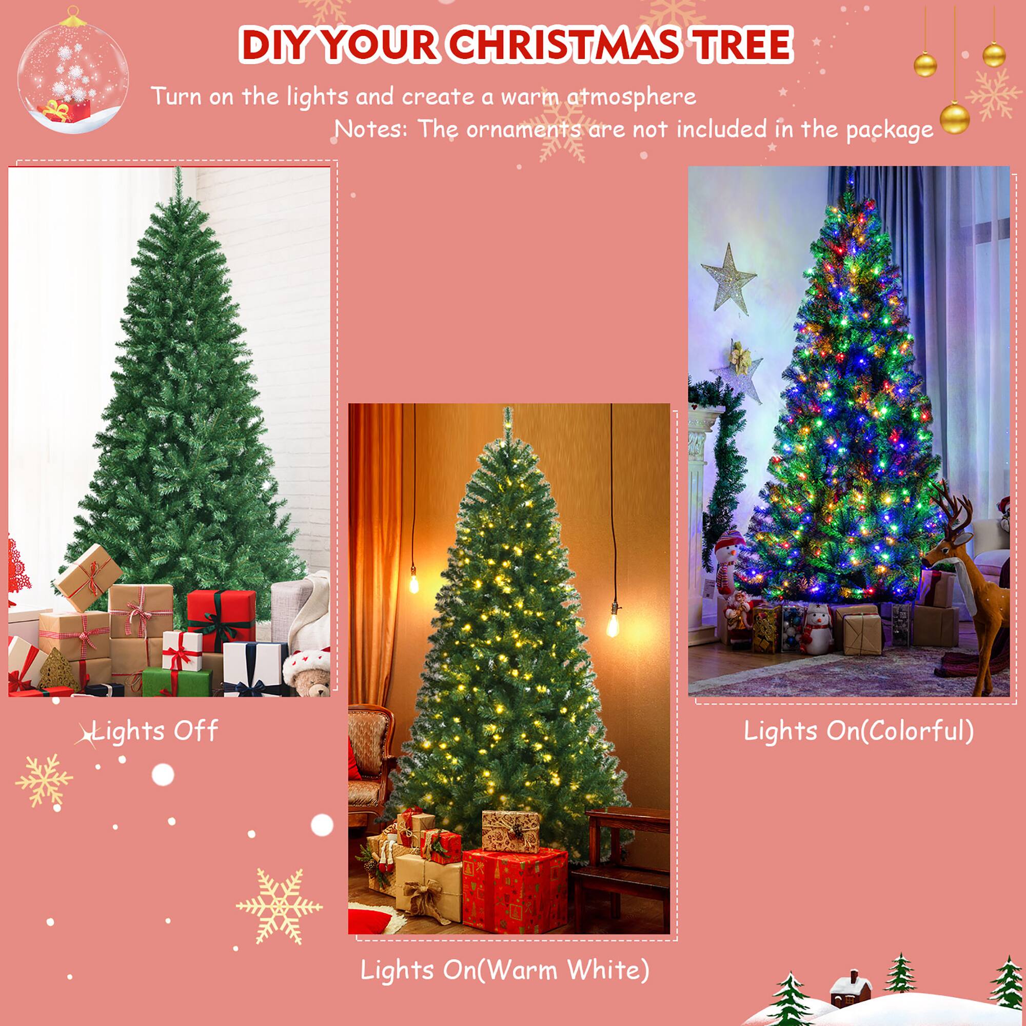 DIY Your Christmas Tree: Turn on the lights and create a warm atmosphere. Notes: The ornaments are not included in the package.