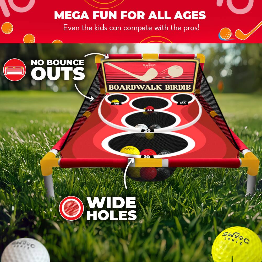 MEGA FUN FOR ALL AGES  
Even the kids can compete with the pros!  

NO BOUNCE OUTS  

BOARDWALK BIRDIE  

WIDE HOLES