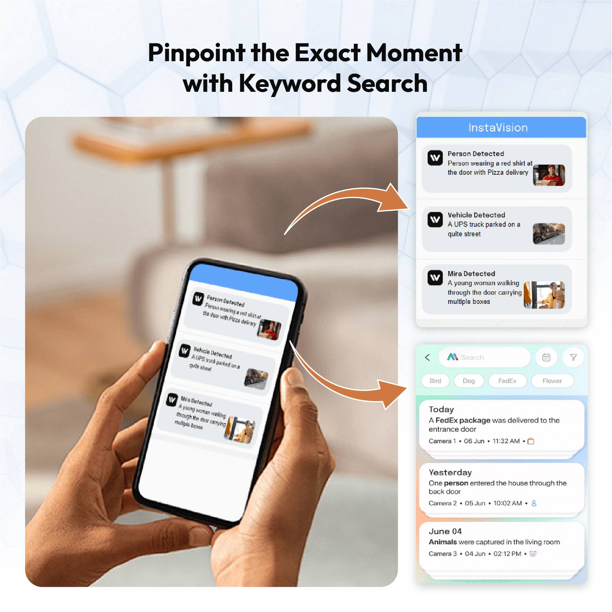 Pinpoint the Exact Moment with Keyword Search

InstaVision

- Person Detected: Person wearing a red shirt at the door with Pizza delivery
- Vehicle Detected: A UPS truck parked on a quiet street
- Mira Detected: A young woman walking through the door carrying multiple boxes
- Vehicle Detected: A FedEx package was delivered to the entrance door

Today
- A FedEx package was delivered to the entrance door
  Camera 1 06 Jun 11:32 AM

Yesterday
- One person entered the house through the back door
  Camera 2 05 Jun 10:02 AM

June 04
- Animals were captured in the living room
  Camera 3 04 Jun 02:12 PM