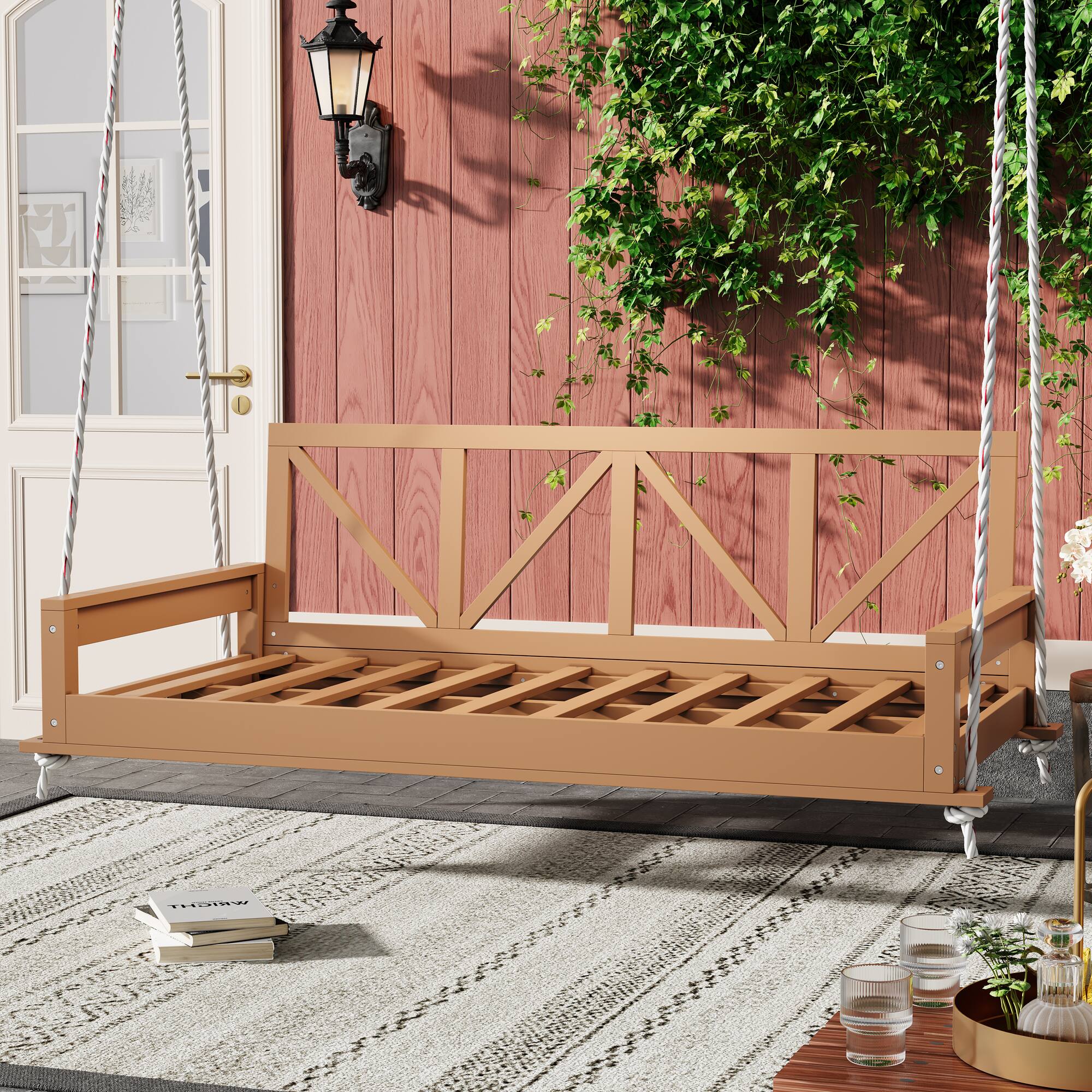 Front. APRILSOUL - Acacia Wood Twin Size Patio Swing Bed Modern with Hemp Ropes for Garden Backyard Natural - Brown.