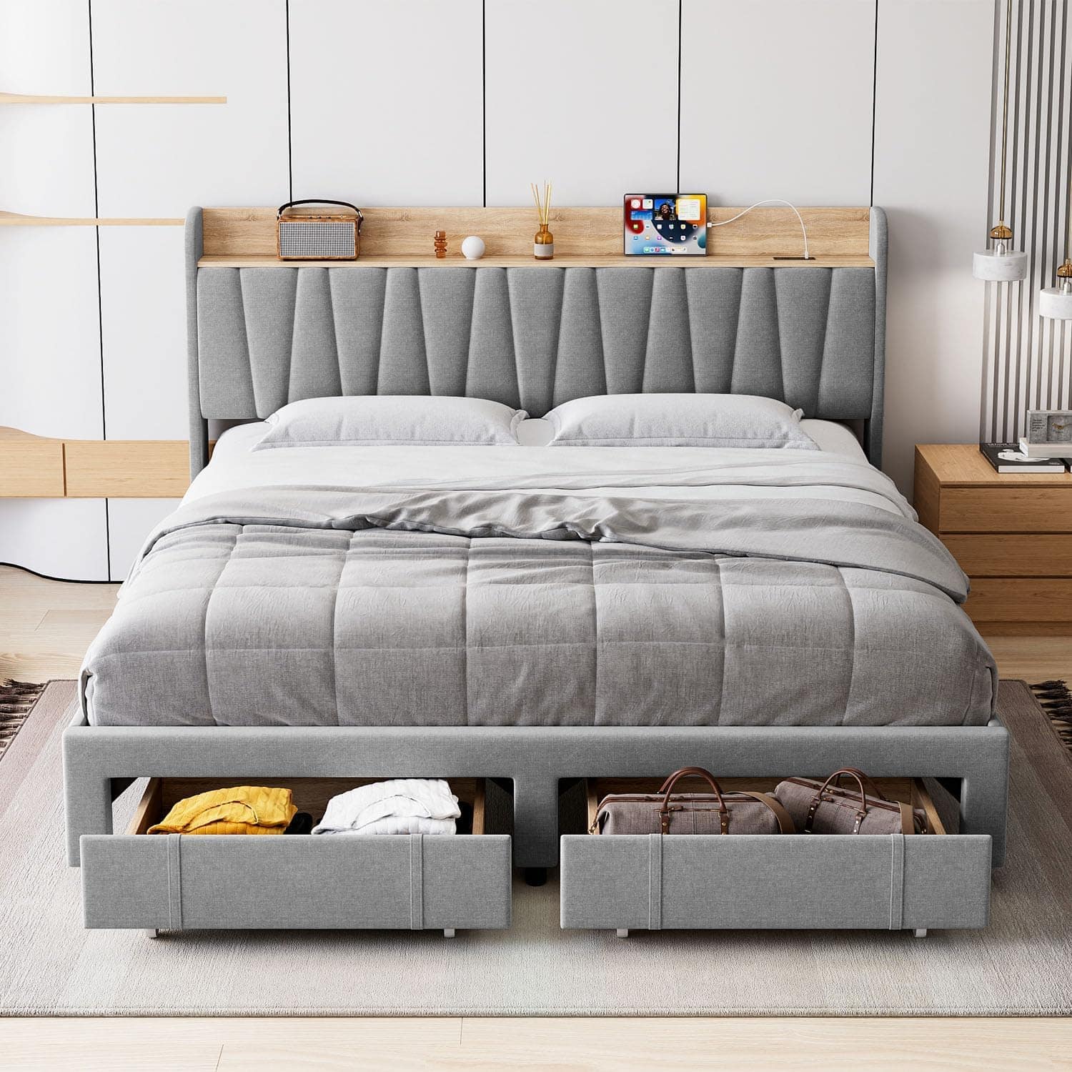 Jojoka - King Size Upholstered Bed Frame with Storage Headboard and Charging Station, Platform Bed Frame with Drawers - Gray