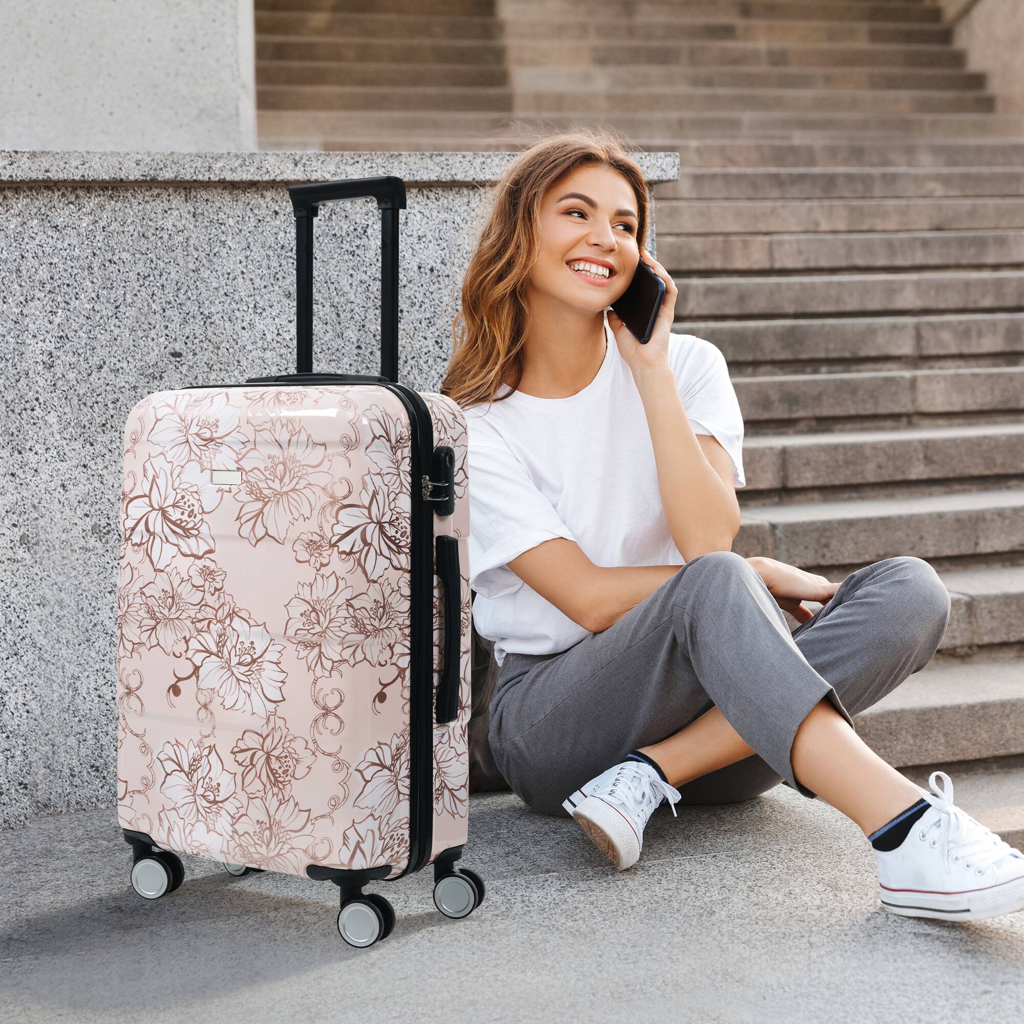 Alt View 10. Ecooso - 5-Piece PC Hard Shell Luggage Set with Password Lock, 8" Case, 14" Cosmetic Case, 20/24/28 Inch - Pink Flower.