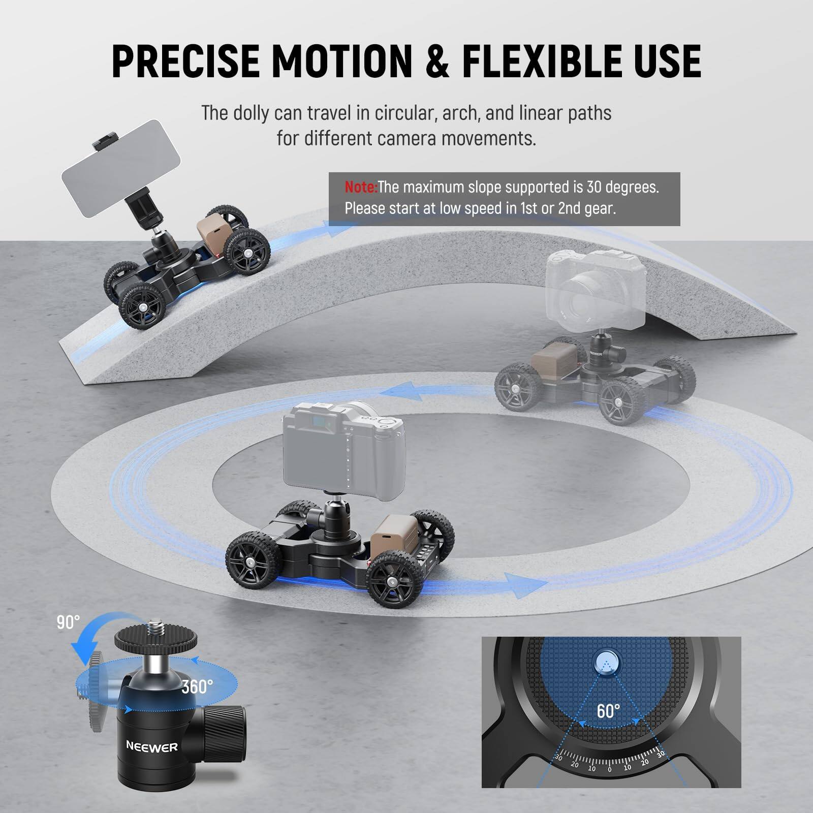 PRECISE MOTION & FLEXIBLE USE

The dolly can travel in circular, arch, and linear paths for different camera movements.

Note: The maximum slope supported is 30 degrees. Please start at low speed in 1st or 2nd gear.