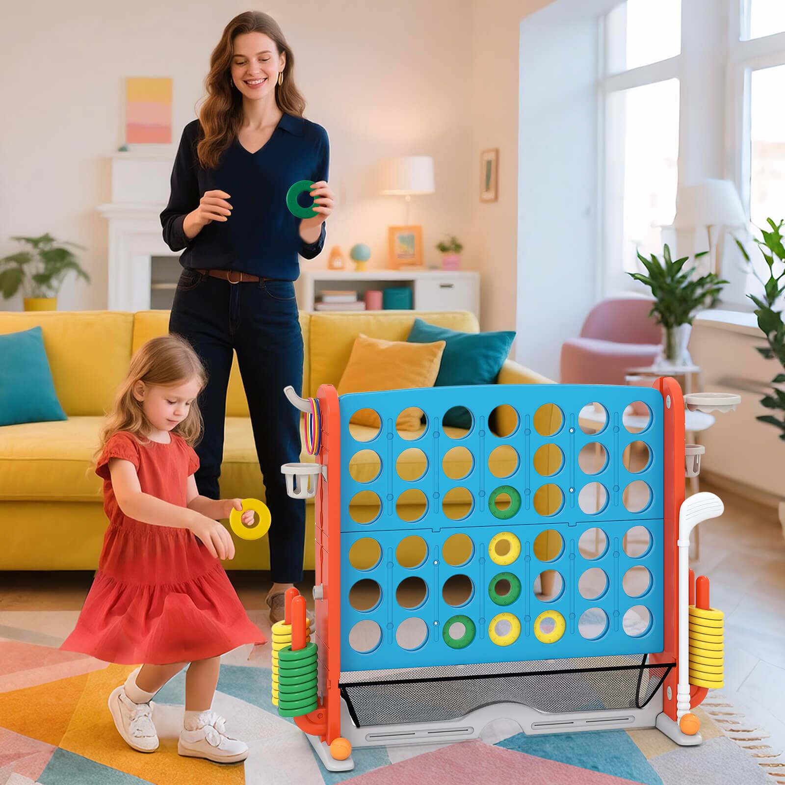 Alt View 1. Costway - Costway Giant 4-in-a-Row Game Set with Ring-toss, Basketball Hoop, Golf Club & Cup Holders - Light Blue,Orange.