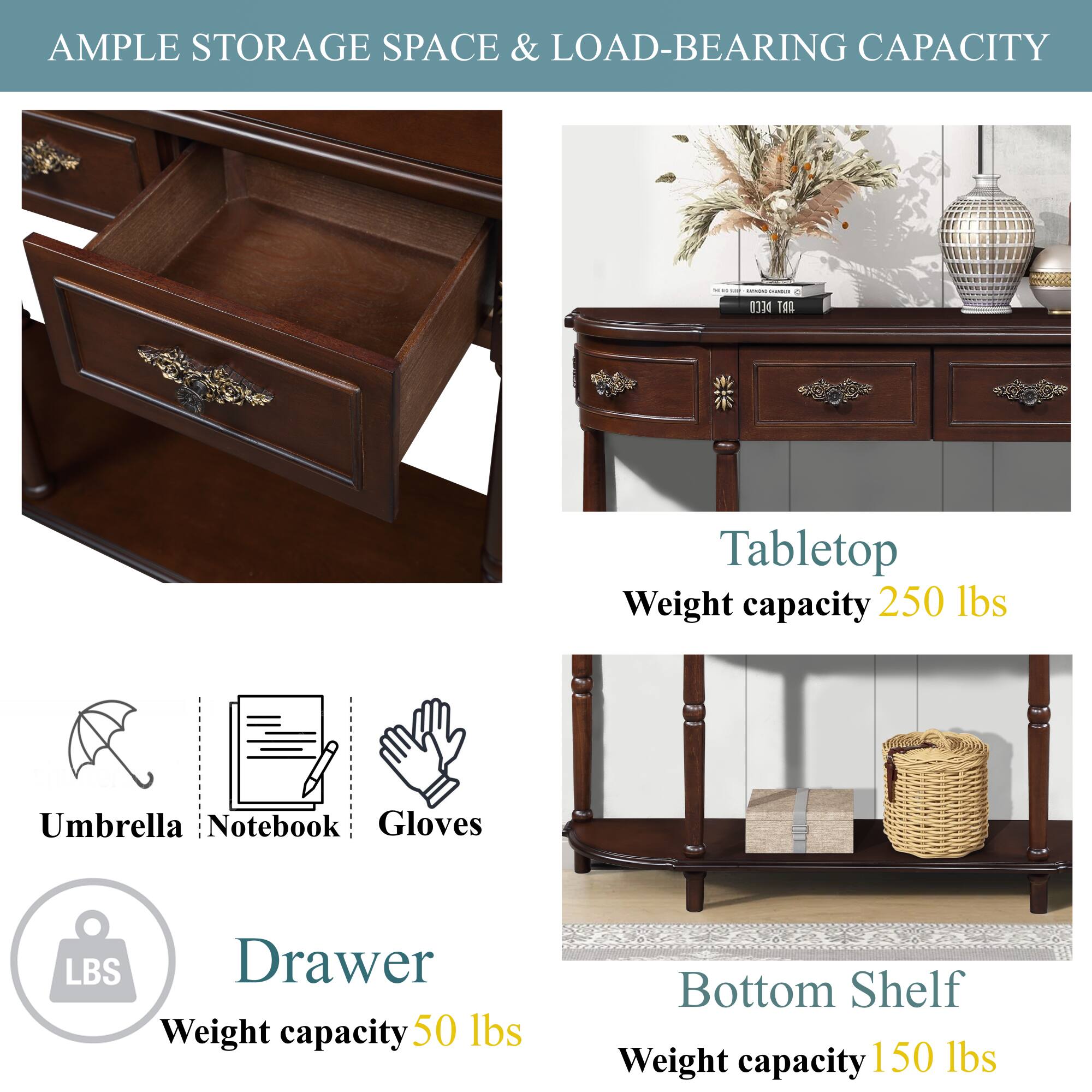 **AMPLE STORAGE SPACE & LOAD-BEARING CAPACITY**

- **Tabletop**
  - Weight capacity: 250 lbs

- **Drawer**
  - Weight capacity: 50 lbs

- **Bottom Shelf**
  - Weight capacity: 150 lbs

- **Icons:**
  - Umbrella
  - Notebook
  - Gloves