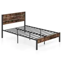 Costway Full Bed Frame with Tall Industrial Headboard Heavy-Duty Metal Slats Support - Brown - Front_Zoom