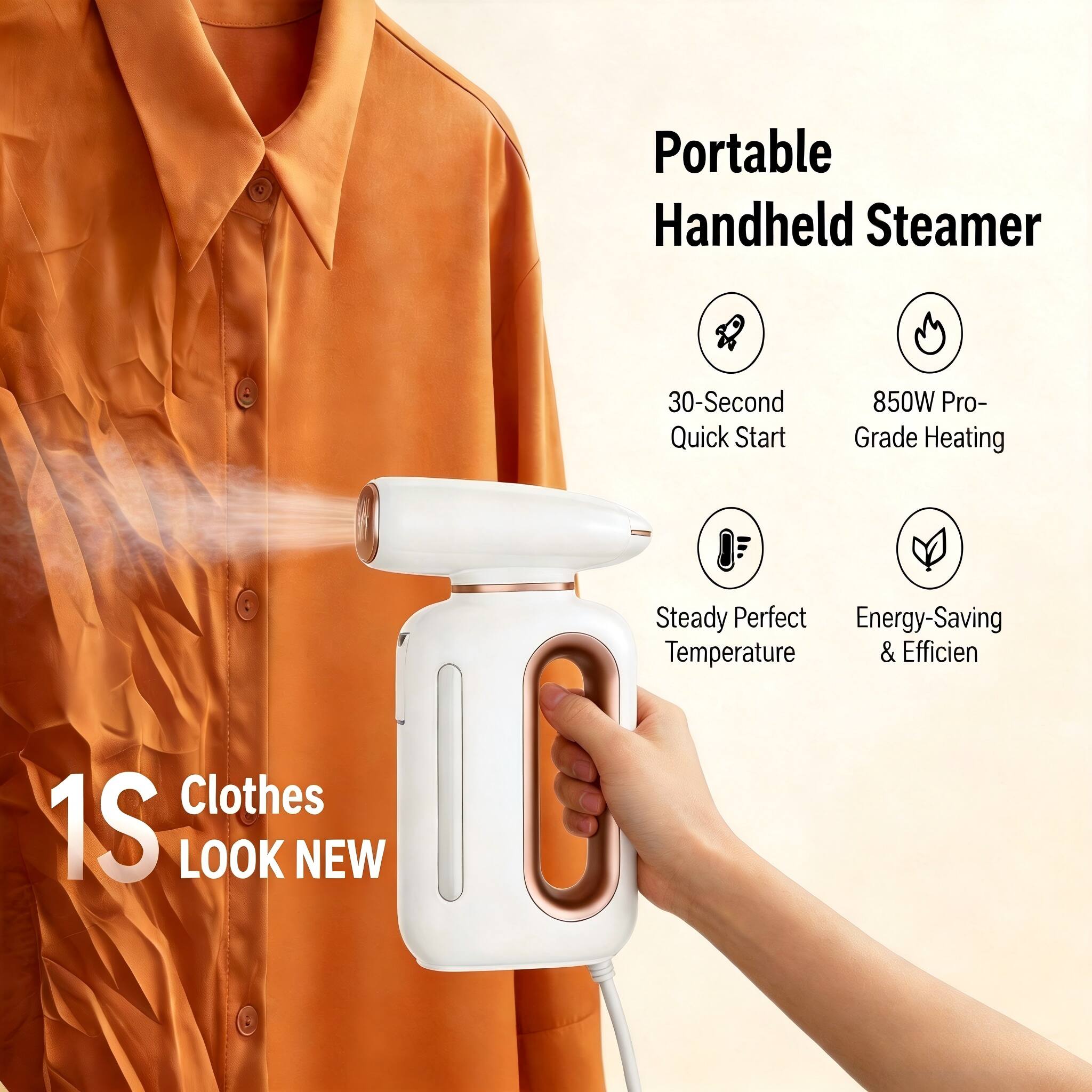 Portable Handheld Steamer  
30-Second Quick Start  
850W Pro-Grade Heating  
Steady Perfect Temperature  
Energy-Saving & Efficient  
Clothes Look New