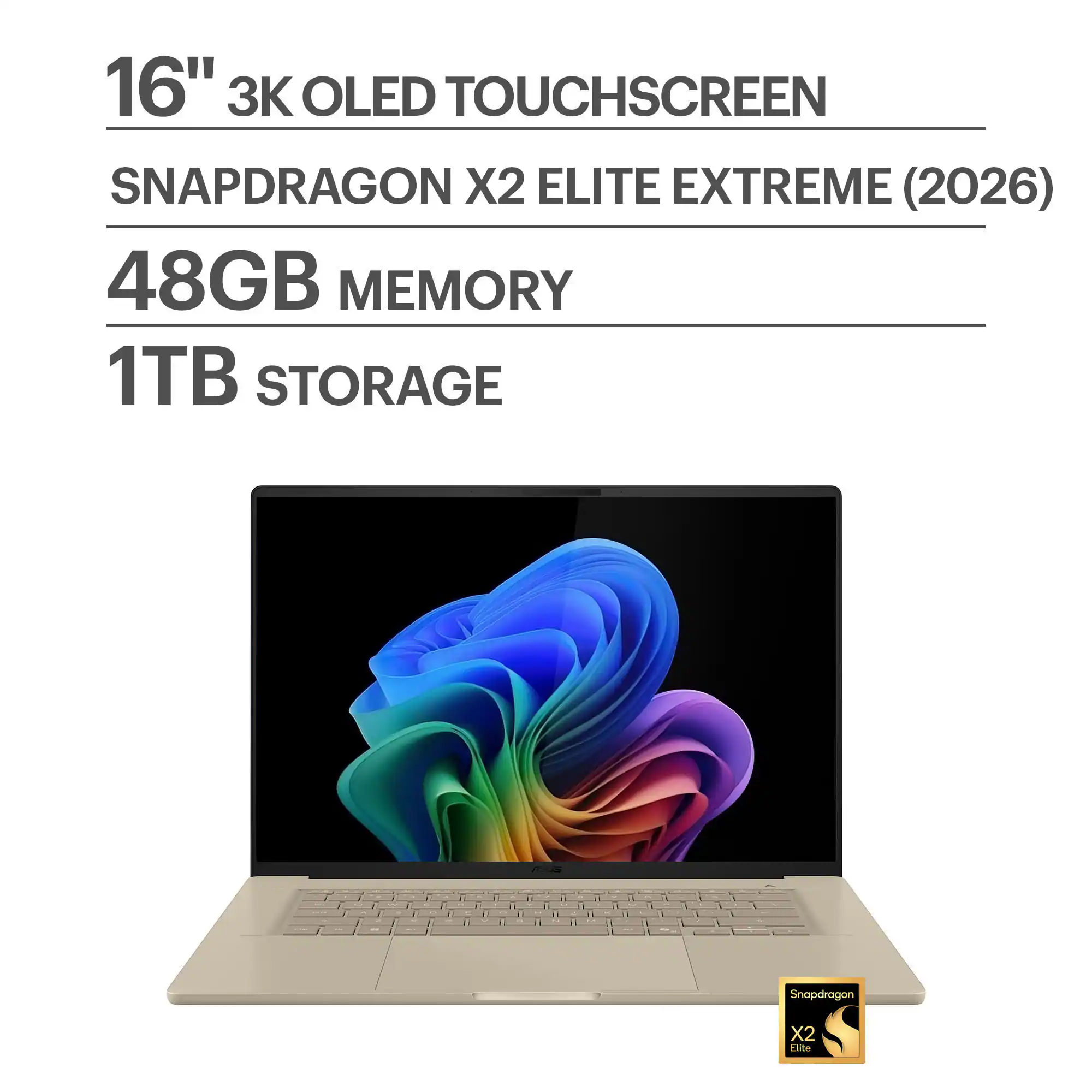 ASUS - Zenbook A16 16" 3K OLED Touch Screen Laptop - Snapdragon X2 Elite Extreme 2026 - 48GB RAM - 1TB SSD - Copilot+ PC - Zabriskie Beige