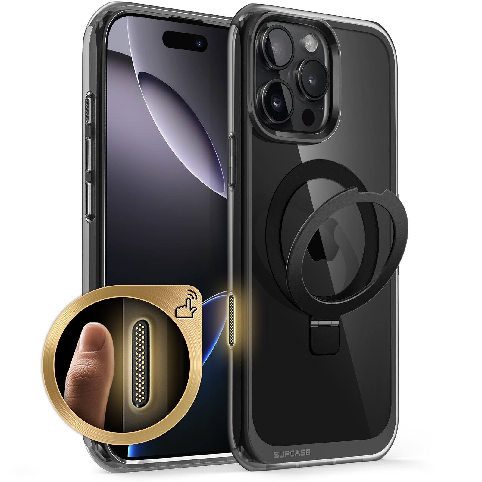 Angle. SUPCASE - iPhone 16 Pro 6.3 inch Unicorn Beetle MAG Stand Slim Clear MagSafe Camera Control Button Case - Black.