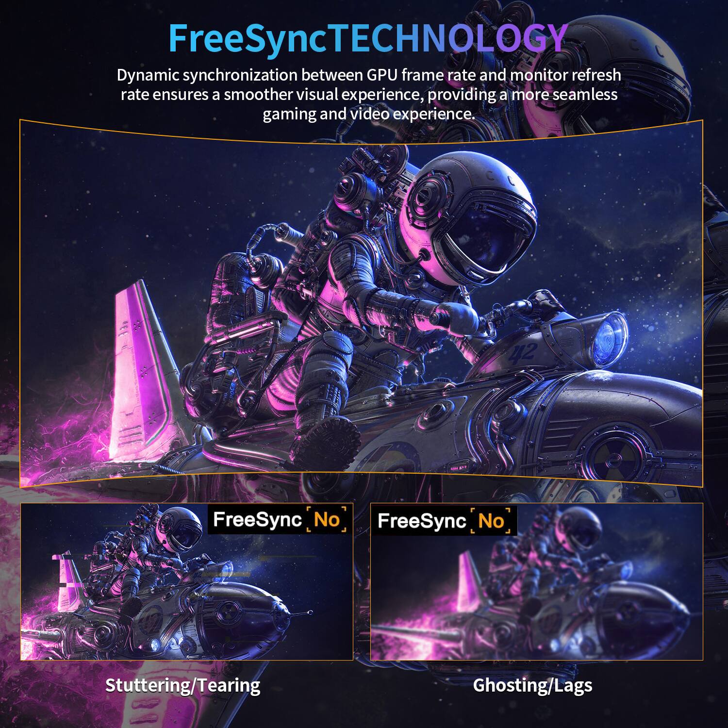 FreeSync TECHNOLOGY  
Dynamic synchronization between GPU frame rate and monitor refresh rate ensures a smoother visual experience, providing a more seamless gaming and video experience.

FreeSync No  
Stuttering/Tearing

FreeSync No  
Ghosting/Lags