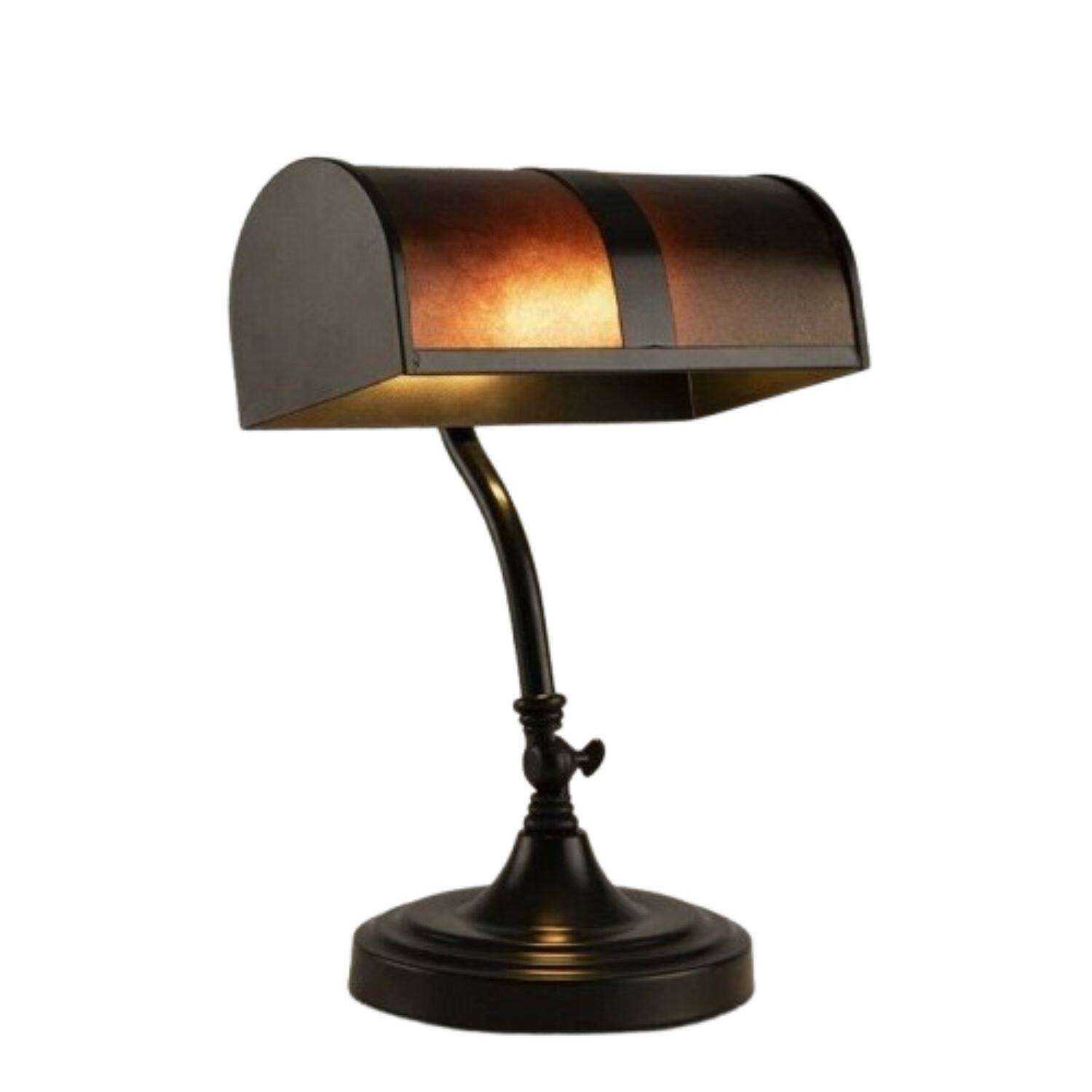 Front. Home Collection - Banker’s Desk Lamp with Amber Mica Shade – Antique Mission Style Office Table Light.