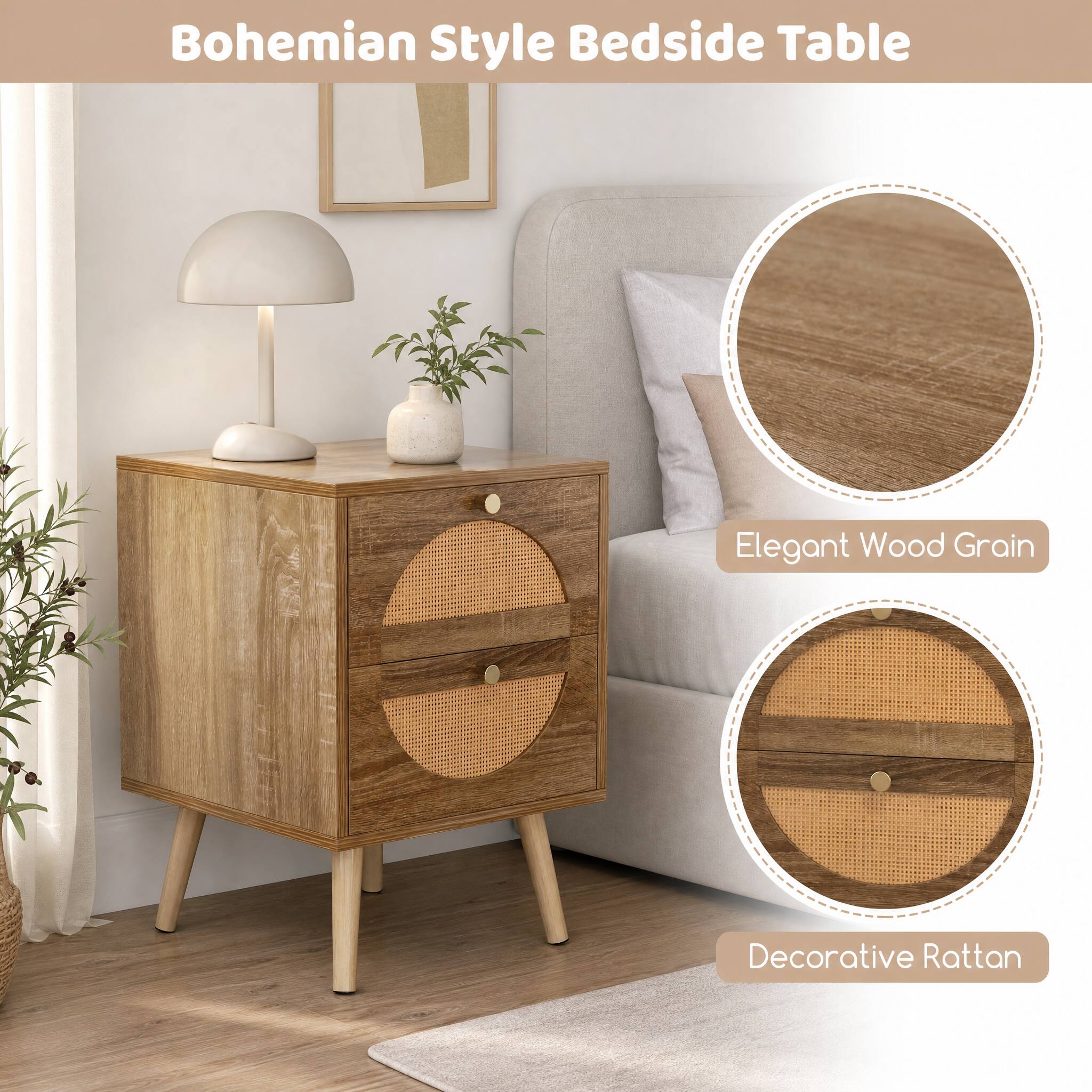 Bohemian Style Bedside Table

Elegant Wood Grain

Decorative Rattan