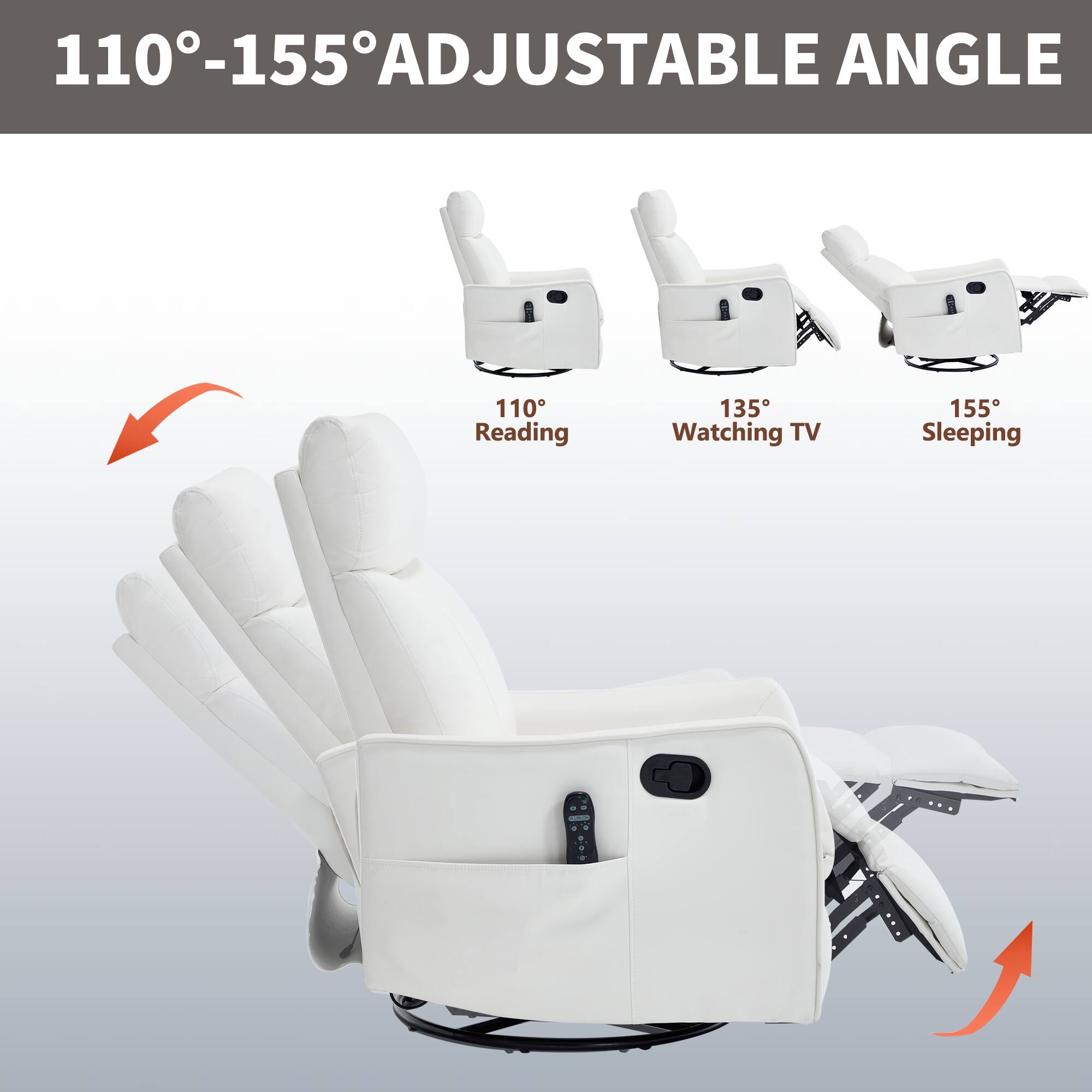 110°-155° ADJUSTABLE ANGLE

110° Reading  
135° Watching TV  
155° Sleeping