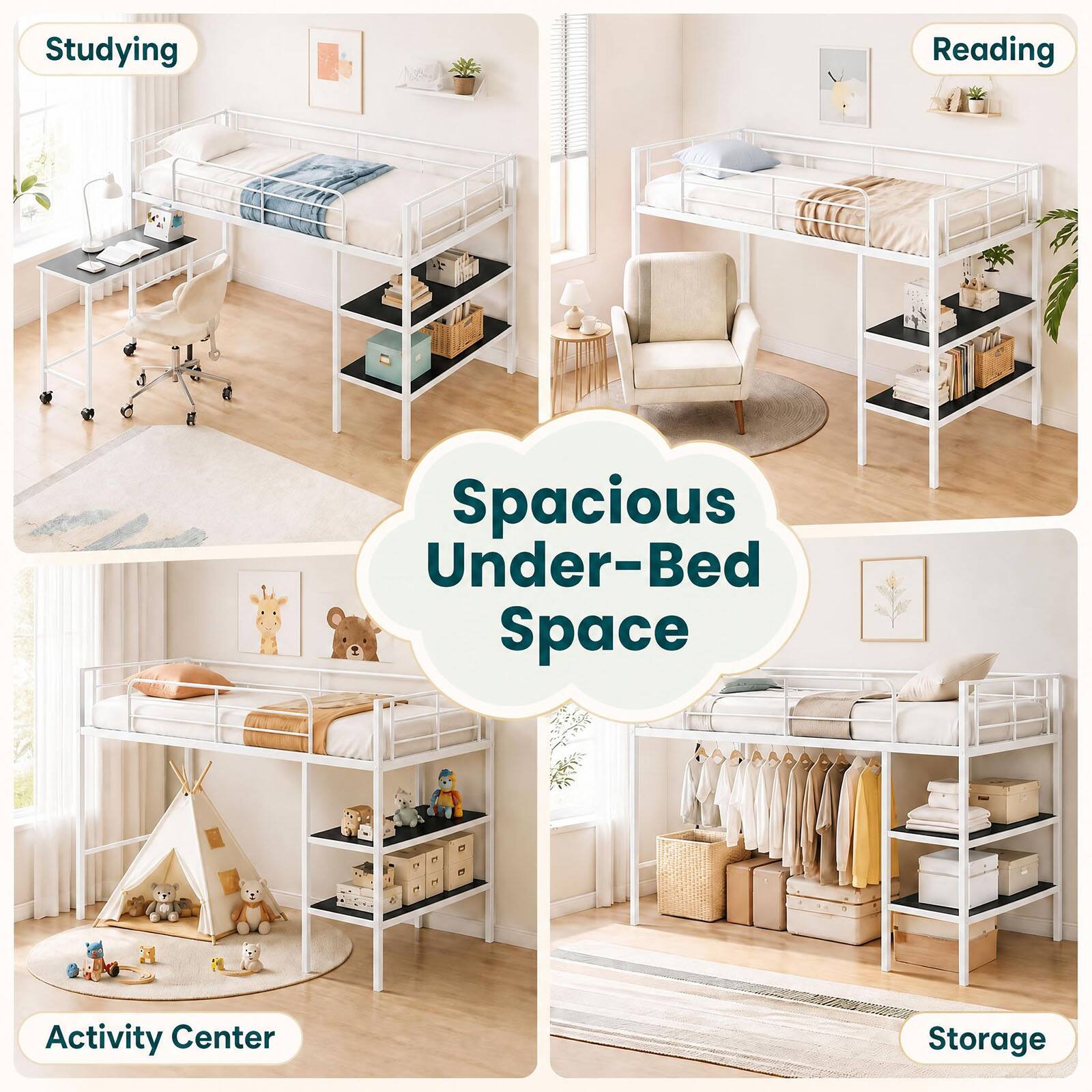 Studying  
Reading  
Spacious Under-Bed Space  
Activity Center  
Storage