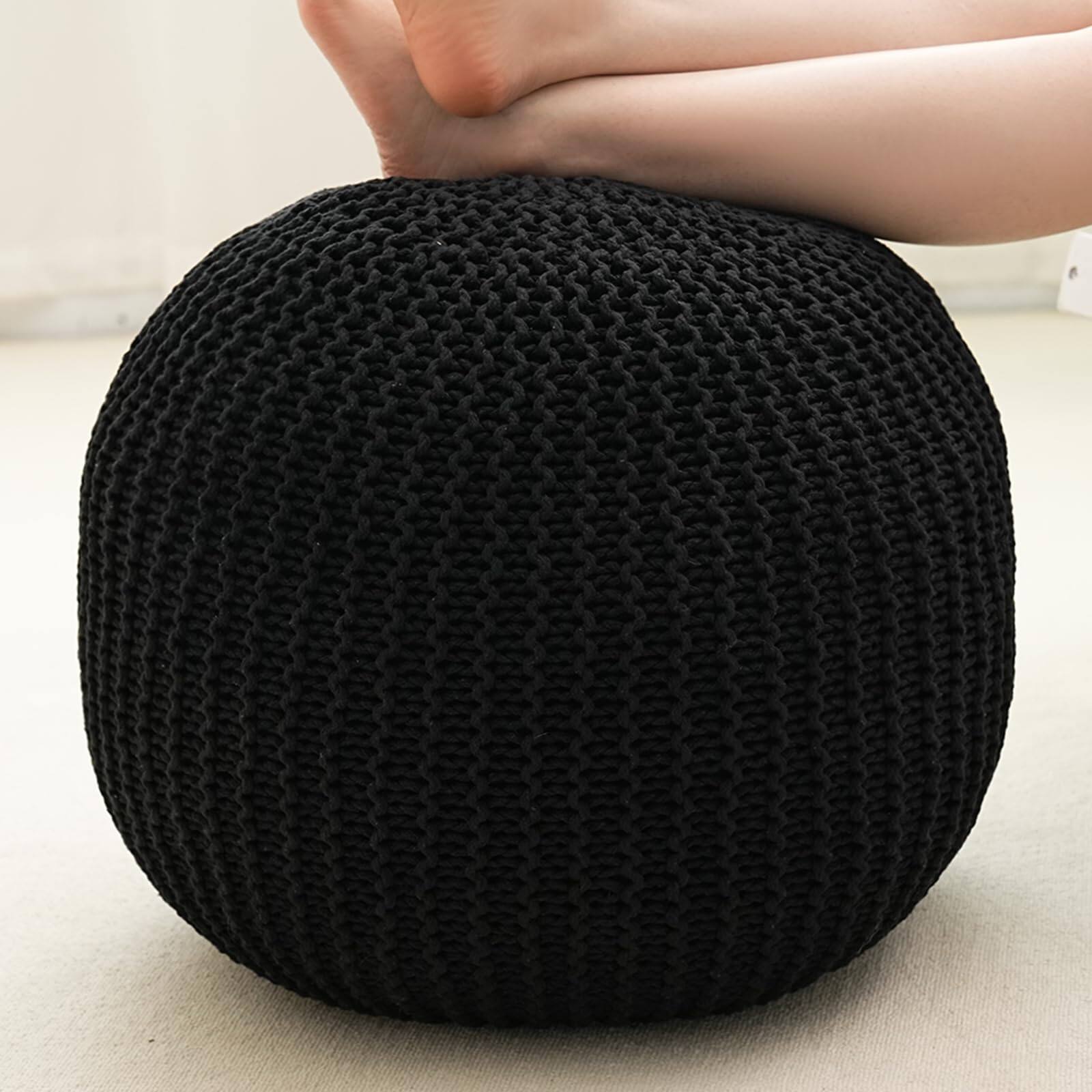 Front. JETRANSPORT - Pouf Ottoman Stuffed Round Modern Foam Filled Foot Rest Poufs Living Room Chair Decorative Inches Boho - Black 26"D x 26"W x 18"H.