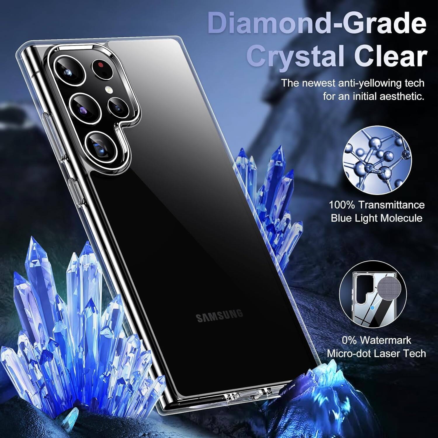 Diamond-Grade Crystal Clear
The newest anti-yellowing tech for an initial aesthetic.
100% Transmittance Blue Light Molecule
0% Watermark Micro-dot Laser Tech
SAMSUNG