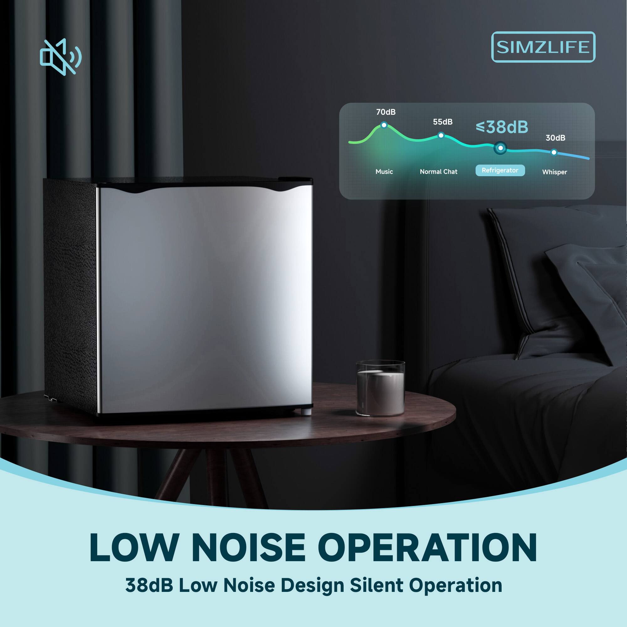 SIMZLIFE

70dB  
55dB  
≤38dB  
30dB

Music  
Normal Chat  
Refrigerator  
Whisper

LOW NOISE OPERATION  
38dB Low Noise Design Silent Operation