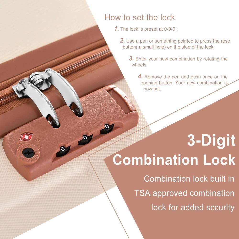 How to set the lock

1. The lock is preset at 0-0-0;
2. Use a pen or something pointed to press the reset button (a small hole) on the side of the lock;
3. Enter your new combination by rotating the wheels;
4. Remove the pen and push once on the opening button. Your new combination is now set.

3-Digit Combination Lock

Combination lock built in TSA approved combination lock for added security