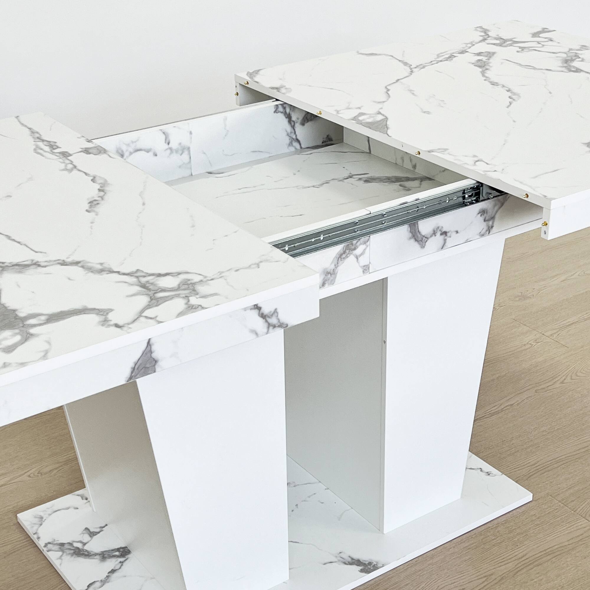 Alt View 10. Tiramisubest - Modern Extendable Dining Table for 4-10, White Faux Marble Wooden Rectangle Table with Dual Column Pedestal Base - White Marble.