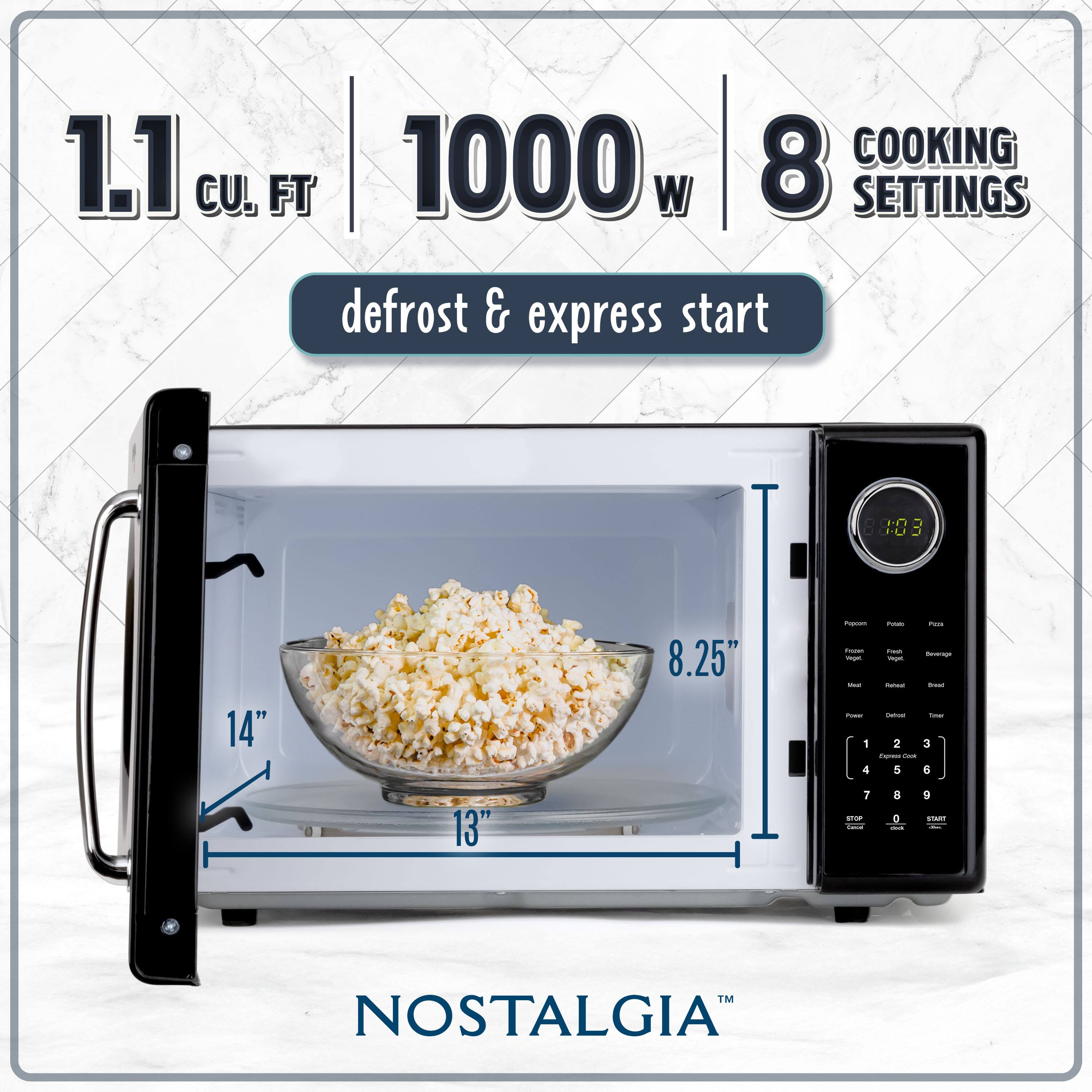 1.1 cu. ft. | 1000 w | 8 COOKING SETTINGS  
defrost & express start  

14" | 13" | 8.25"  

NOSTALGIA™