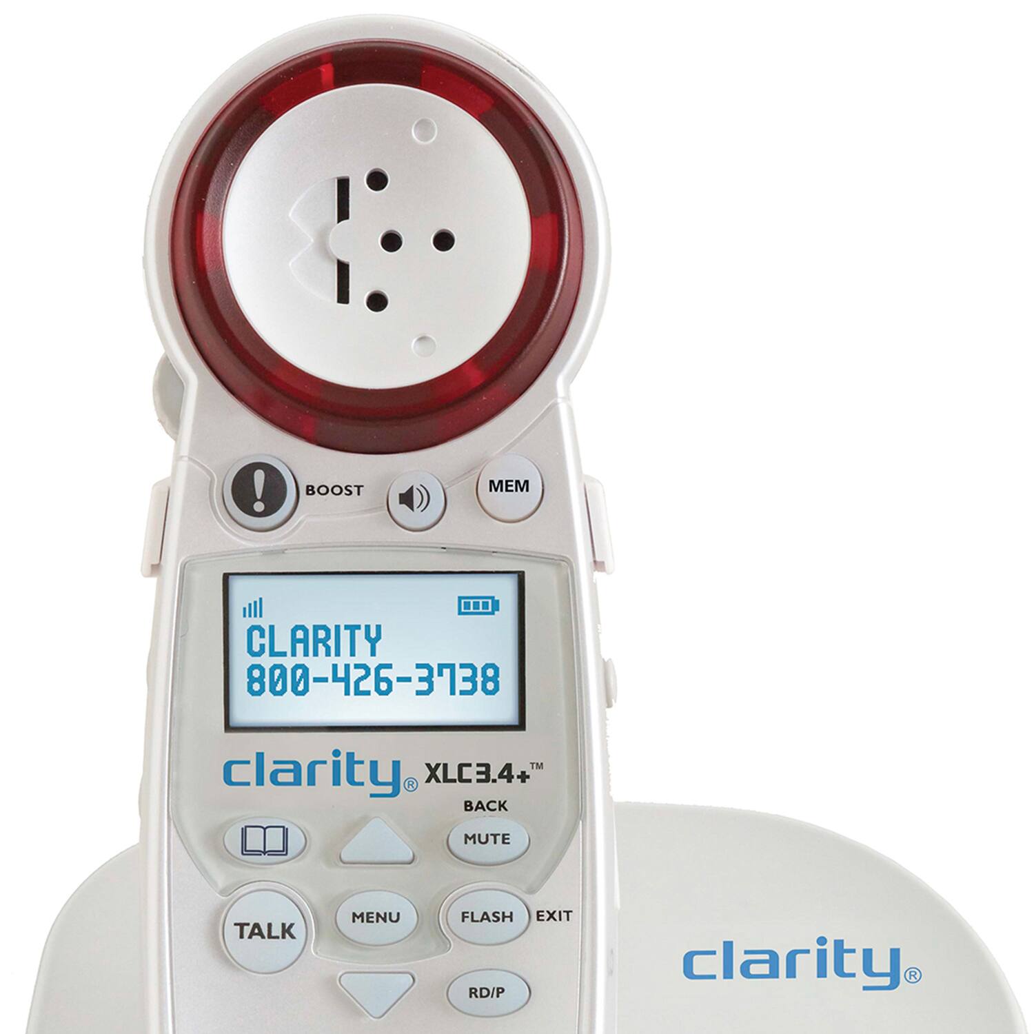 BOOST ME ... CLARITY 800-426-3738 IM clarity XLC3.4+ J BACK MUTE TALK MENU FLASH EXIT RD/P clarity