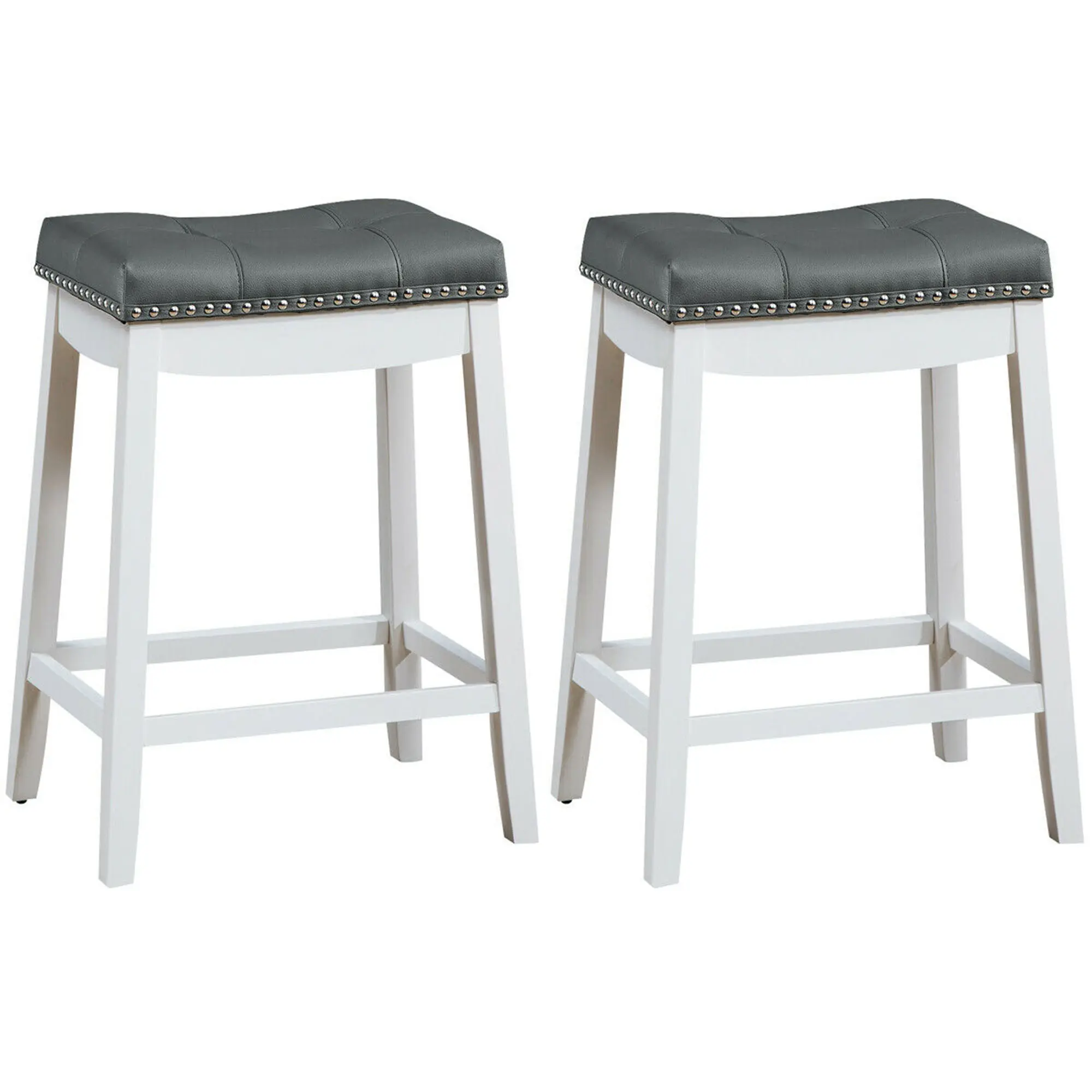 Costway - Set of 2 Nailhead Saddle Bar Stools 24" Counter Stools with Grey Cushion - White