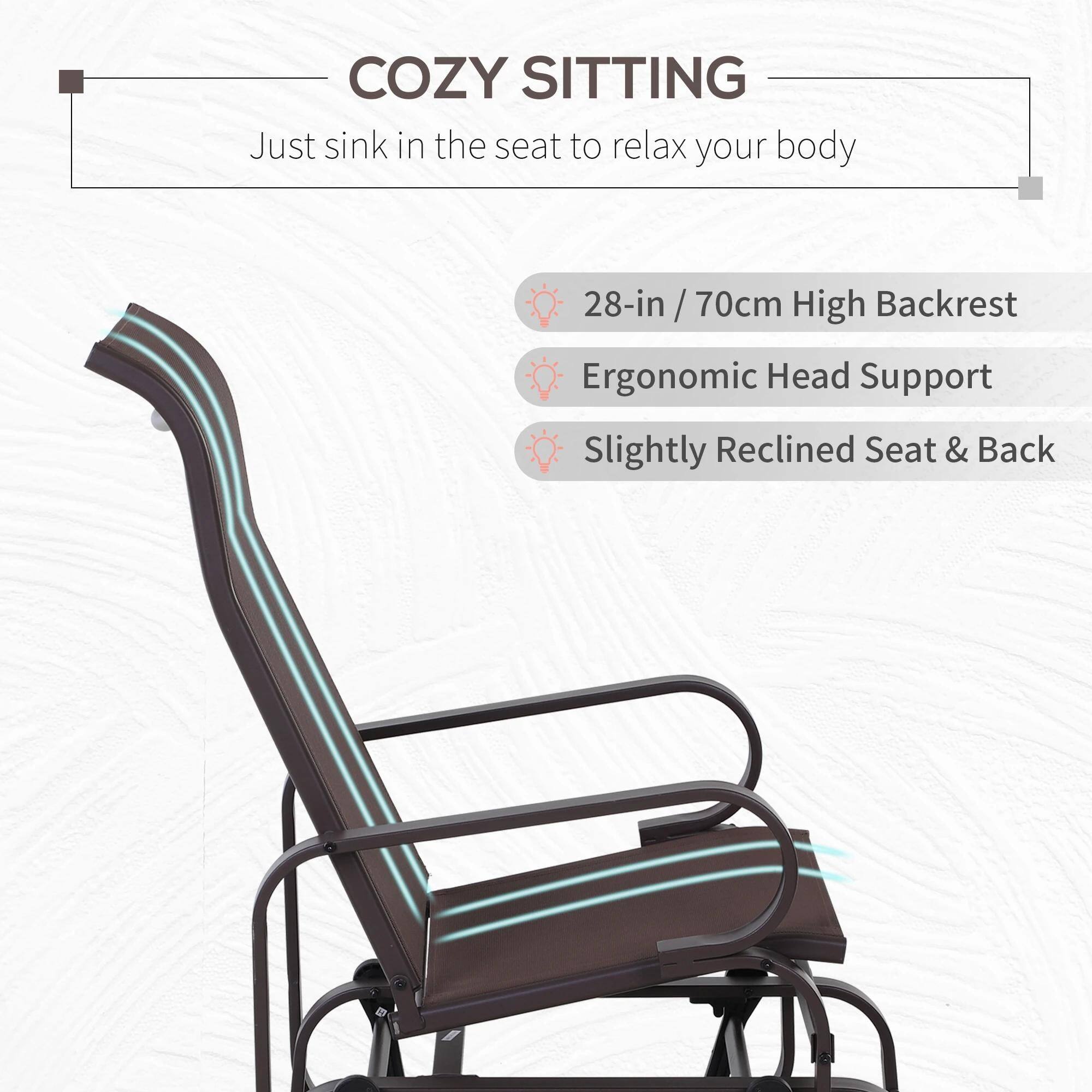 COZY SITTING  
Just sink in the seat to relax your body  

- 28-in / 70cm High Backrest  
- Ergonomic Head Support  
- Slightly Reclined Seat & Back