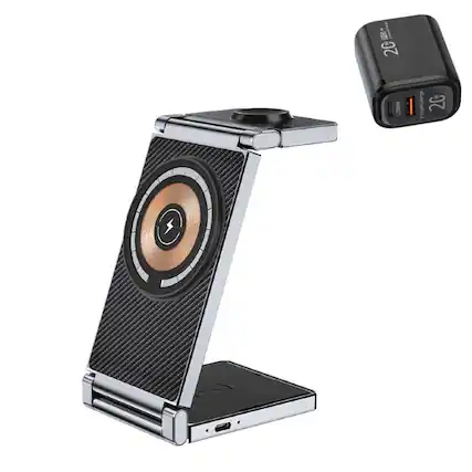 Front. RISOKEYS - MagSafe 3-in-1 Wireless Charger with Charging Port- Foldable Stand Compatible with Apple, 15W Fast Charging for iPhone - Black.