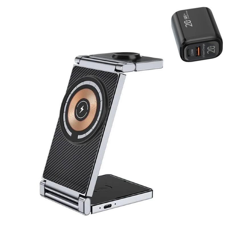 Front. RISOKEYS - MagSafe 3-in-1 Wireless Charger with Charging Port- Foldable Stand Compatible with Apple, 15W Fast Charging for iPhone - Black.