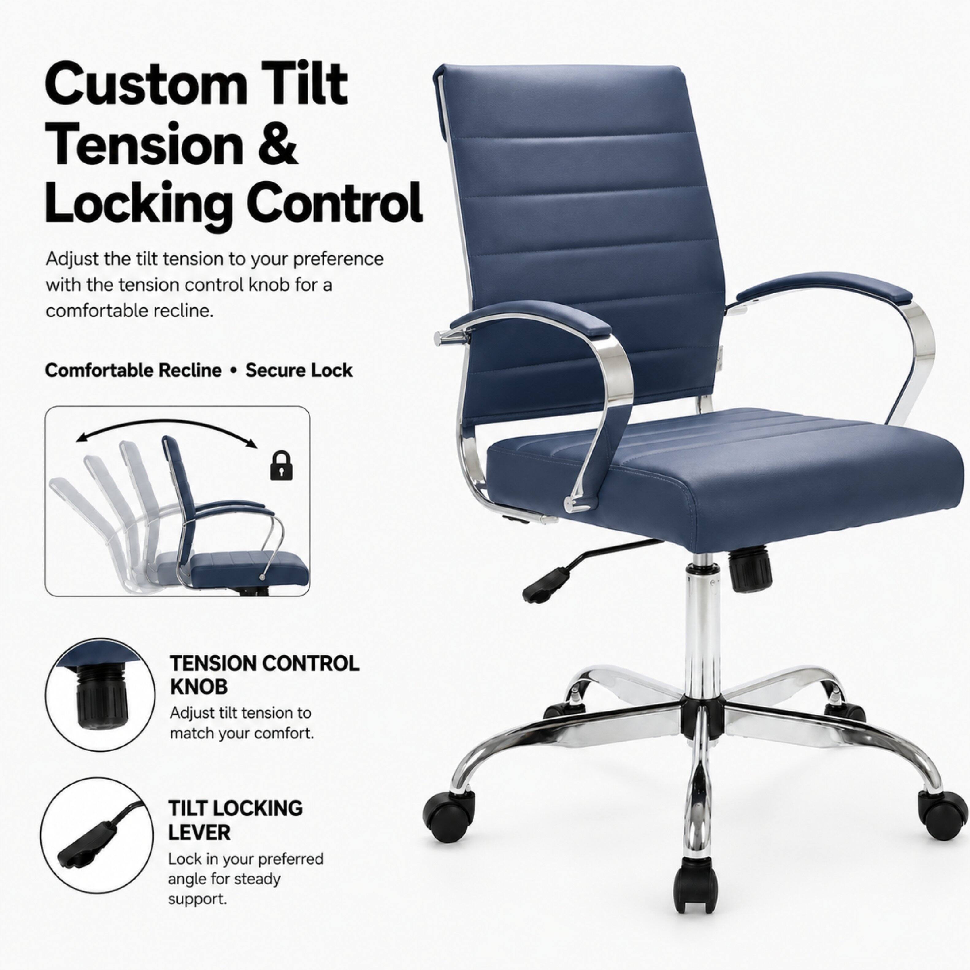 Custom Tilt Tension & Locking Control  
Adjust the tilt tension to your preference with the tension control knob for a comfortable recline.  
Comfortable Recline • Secure Lock  

TENSION CONTROL KNOB  
Adjust tilt tension to match your comfort.  

TILT LOCKING LEVER  
Lock in your preferred angle for steady support.