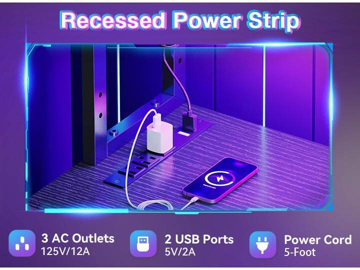 Recessed Power Strip  
3 AC Outlets 125V/12A  
2 USB Ports 5V/2A  
Power Cord 5-Foot