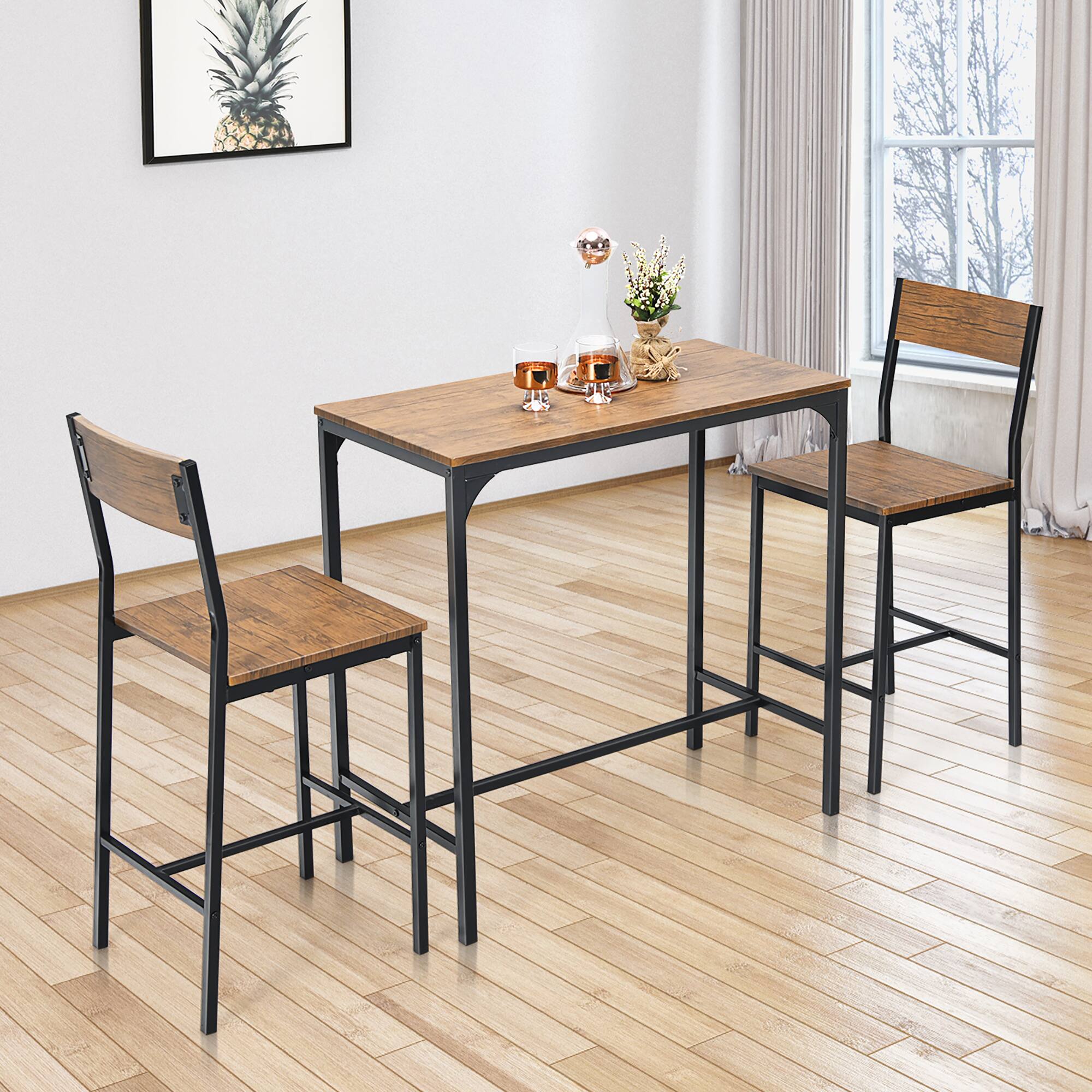Alt View 5. Costway - 3PCS Bar Table Set Industrial Counter Height Dining Table Set w/2 Stools - Rustic Brown/Black.