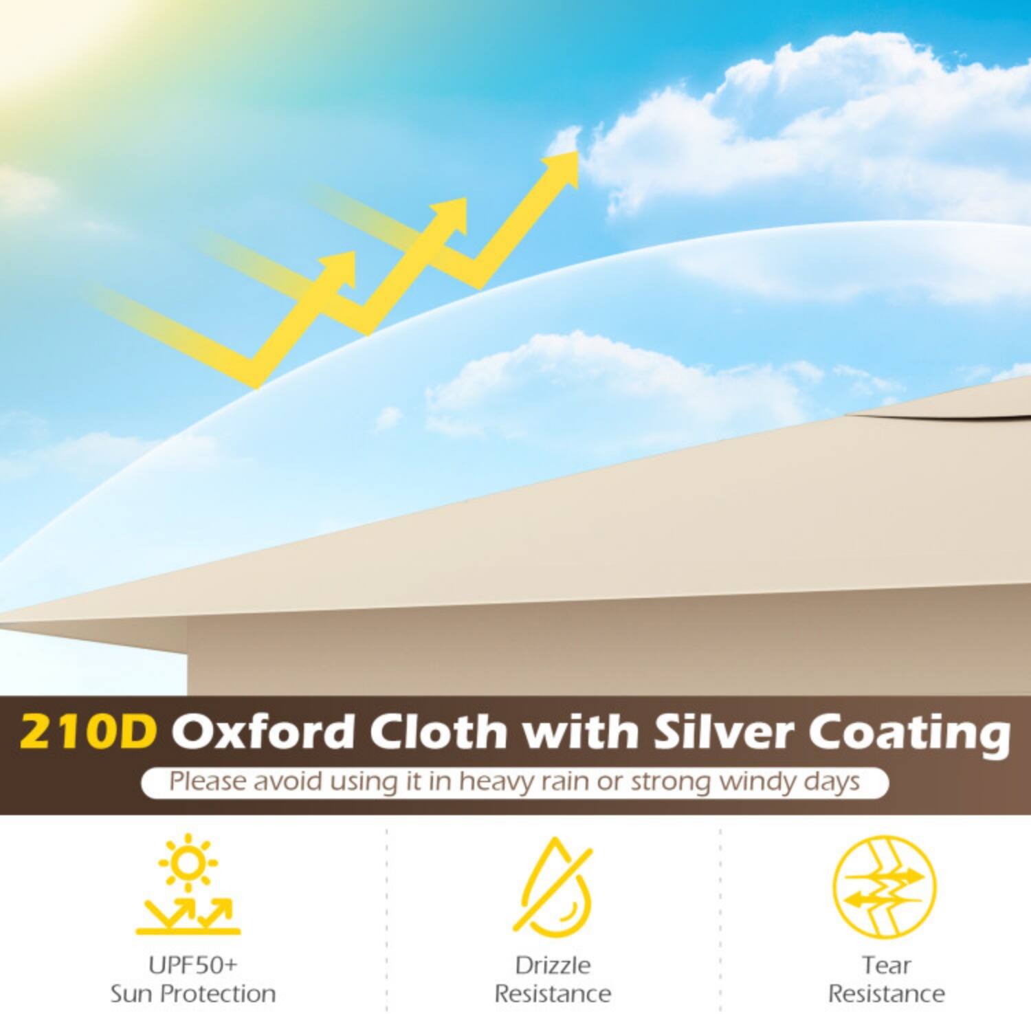210D Oxford Cloth with Silver Coating  
Please avoid using it in heavy rain or strong windy days  

- UPF50+ Sun Protection  
- Drizzle Resistance  
- Tear Resistance