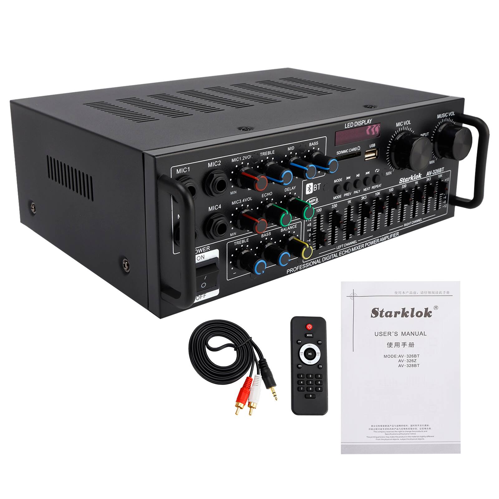 J I MISCH LED DISPLAY MIC VOL BAES - MD SOMMECARED TREBLE MICI2VO MIC! MIC2 MIC1 - 5 MN AV-3068T M - Starklok 2 - - BT 2 MN DELAY mT -Y M ECHO PEY - EVOL ME 3 MICO Jana - MIC4 2 1O BALANCE TIT MIN BARS POR TREBLE LEFTCHAIE MIXERPOWERAM OWER ECHO ON DIGITAL PROFESSIONAL OFF C - Starklok USER'S MANUAL - MODE ODEAV-3268T AN AV-3282 AV-328RT . . . - a . . 1 ...... ....