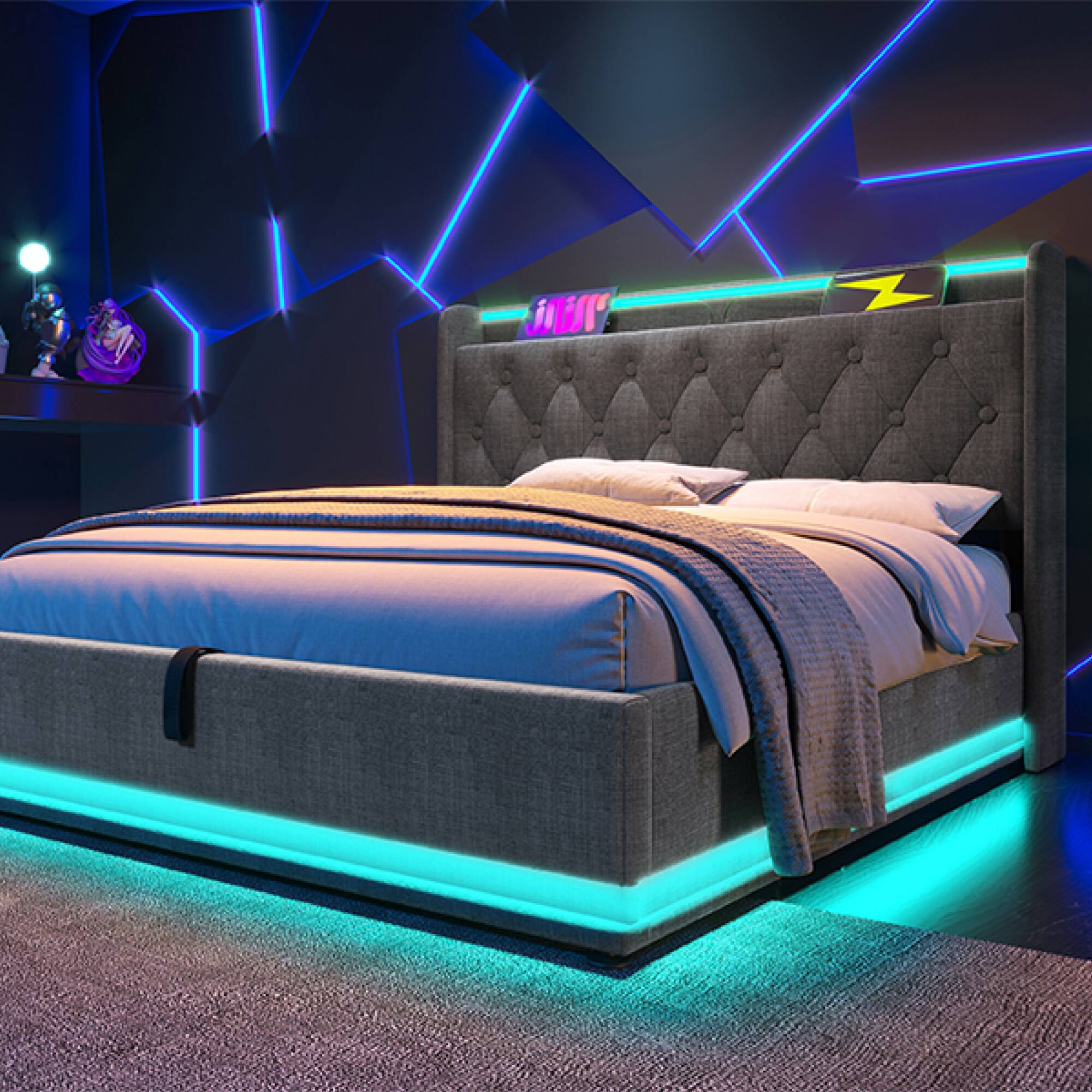 Alt View 5. GOODSILO - Full Size Upholstered Bed with LED Lighting, Hydraulic Storage, and USB Charging - Gray.
