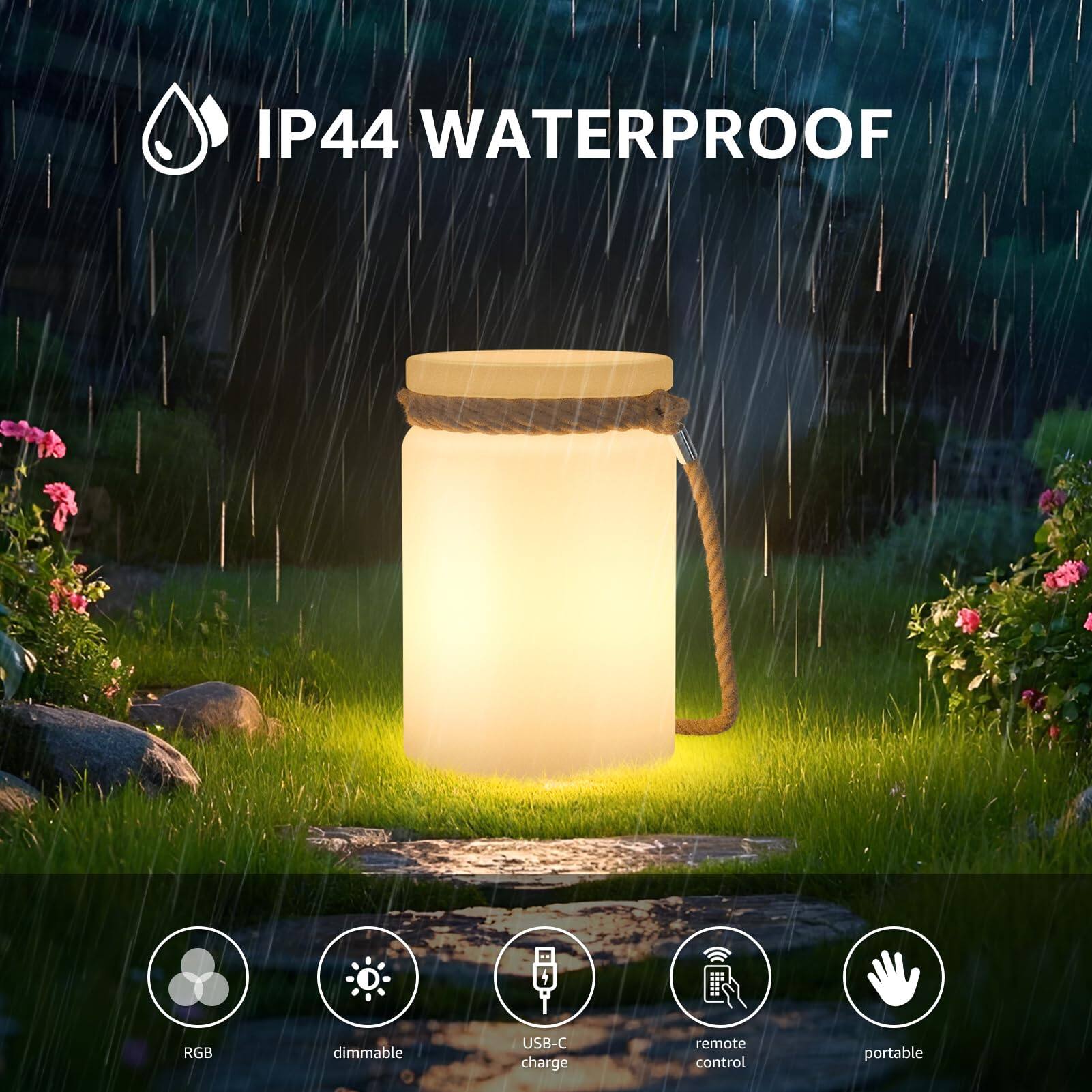 IP44 WATERPROOF

- RGB
- dimmable
- USB-C charge
- remote control
- portable