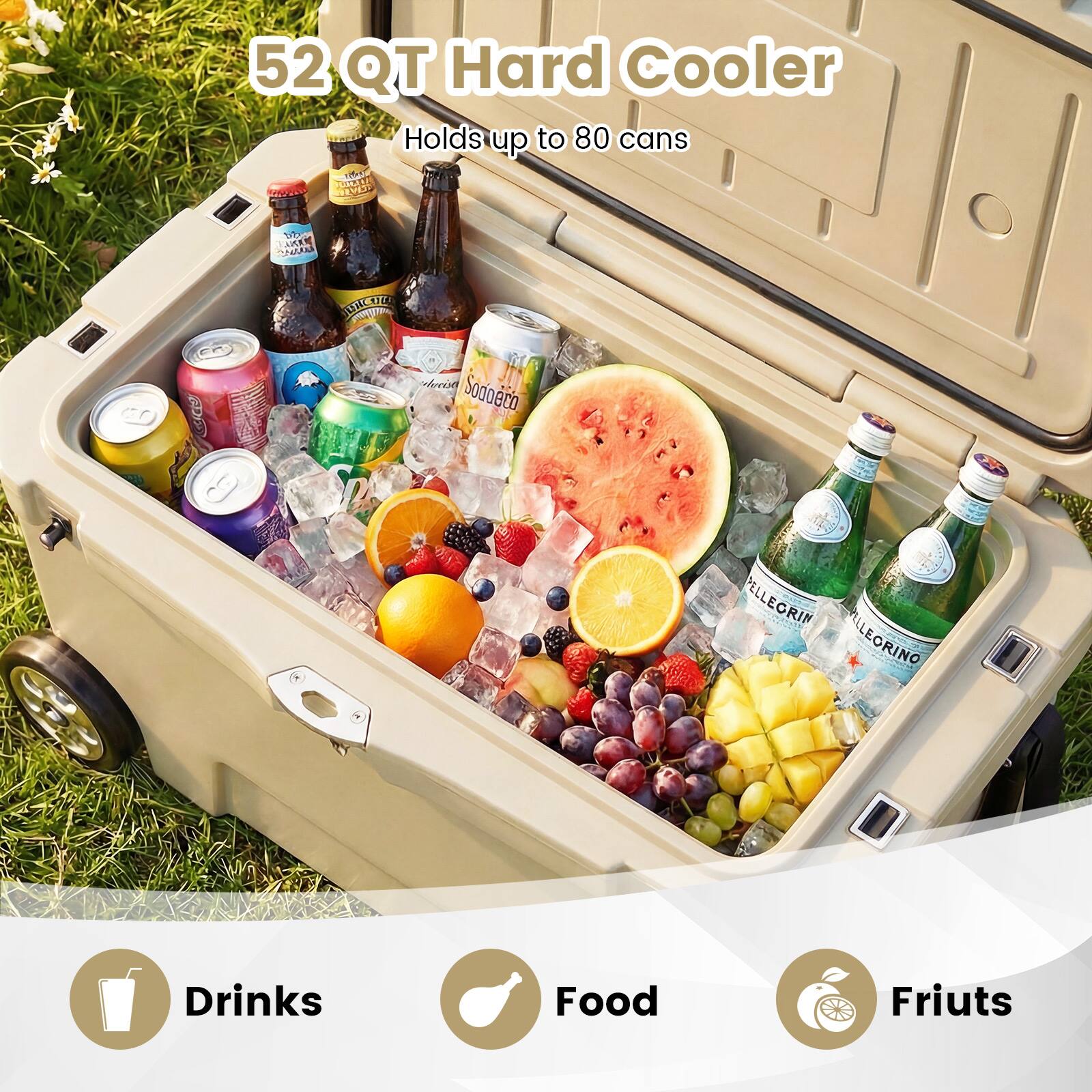 52 QT Hard Cooler  
Holds up to 80 cans  

Drinks  
Food  
Fruits