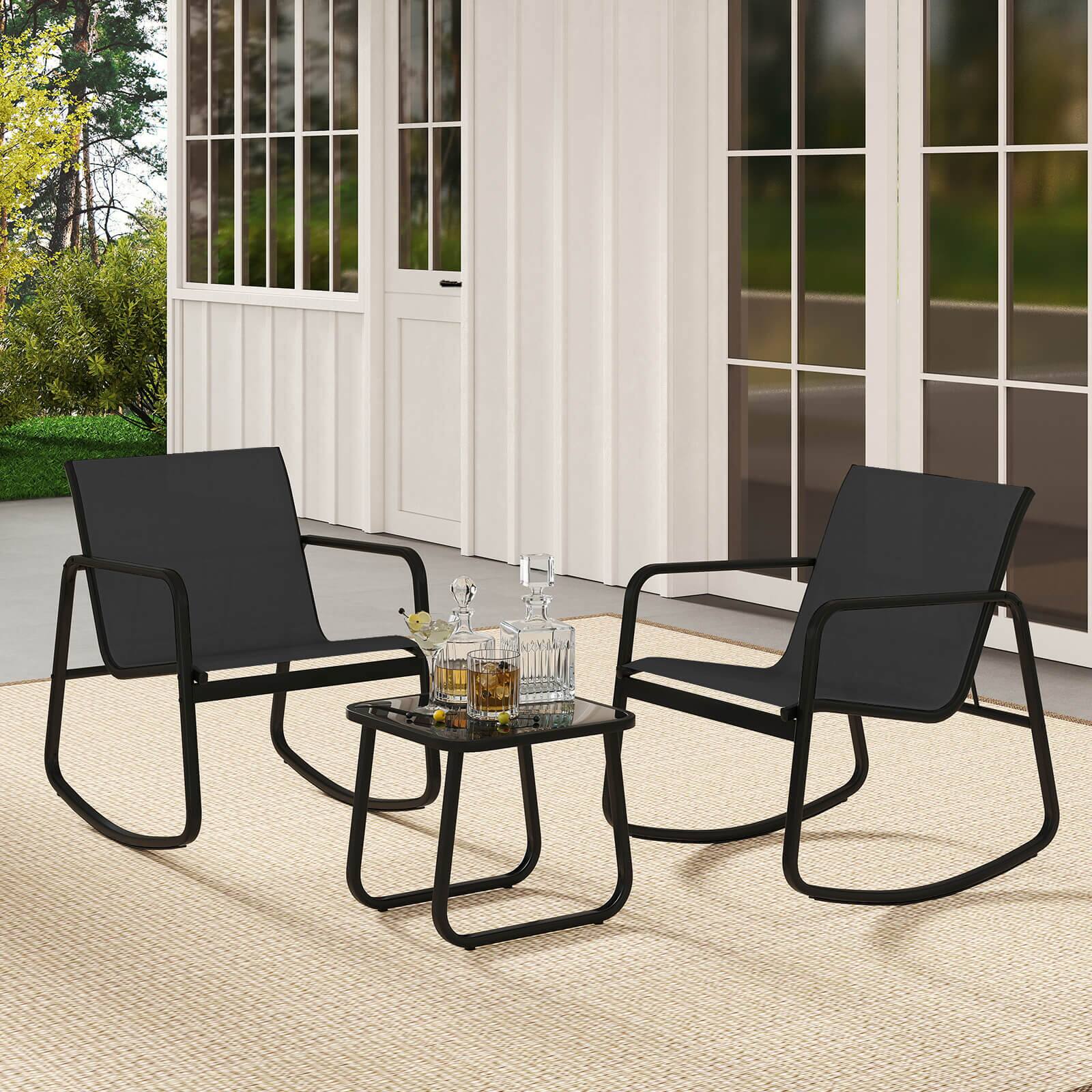 Alt View 3. Costway - 3 Piece Patio Rocking Set 2 Rocking Bistro Chairs & Glass-Top Table for Porch - Black.