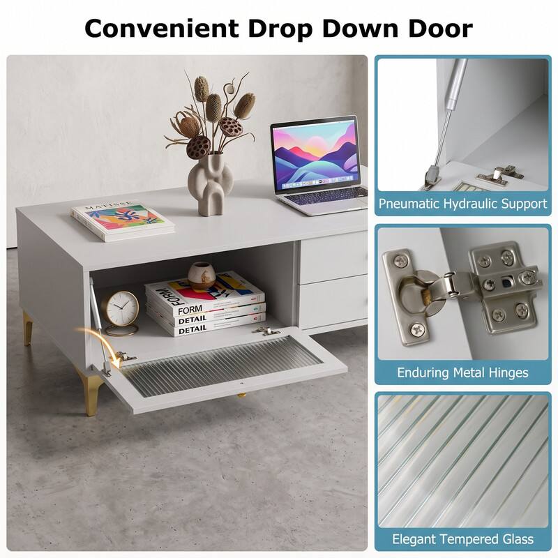 Convenient Drop Down Door

Pneumatic Hydraulic Support

Enduring Metal Hinges

Elegant Tempered Glass