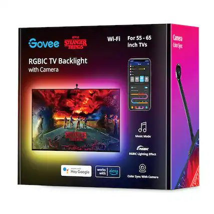 NETFLIX Govee Stranger Things Wi-Fi For 55 - 65 inch TVs Camera Color Sync RGBIC TV Backlight with Camera -- Music Mode RGBIC Lighting Effect works with Hey Google works with Alexa with Color Sync With Camera